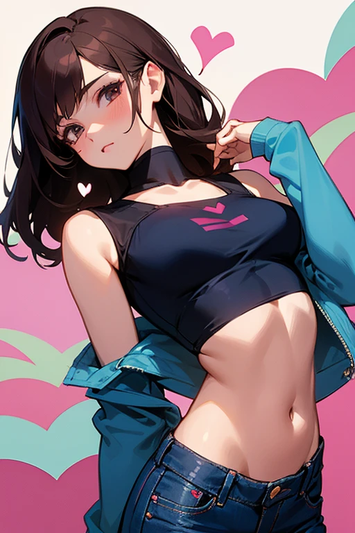 Young adult female; brunette; calm expression; fluttering heart; soft smile; deeply in love with the viewer; enamoured look; wearing a maroon crop top and blue jeans; medium-length hair; giving the viewer a kiss; athletic physique