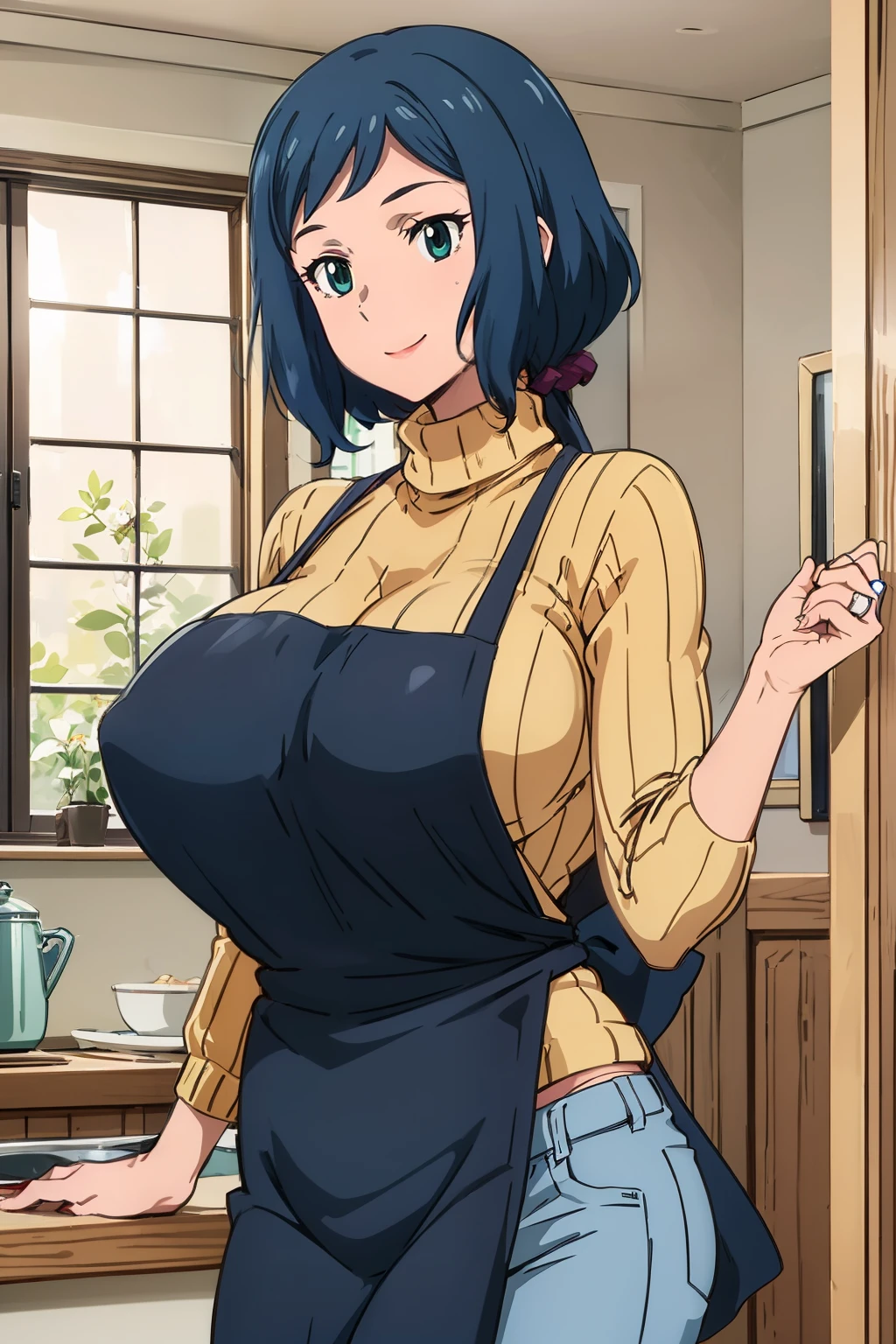 anime cels style,  1girl, rinko_iori, apron, yellow ribbed sweater, smile, closed mouth, (huge breasts:1.2), indoors, cowboy shot, jeans