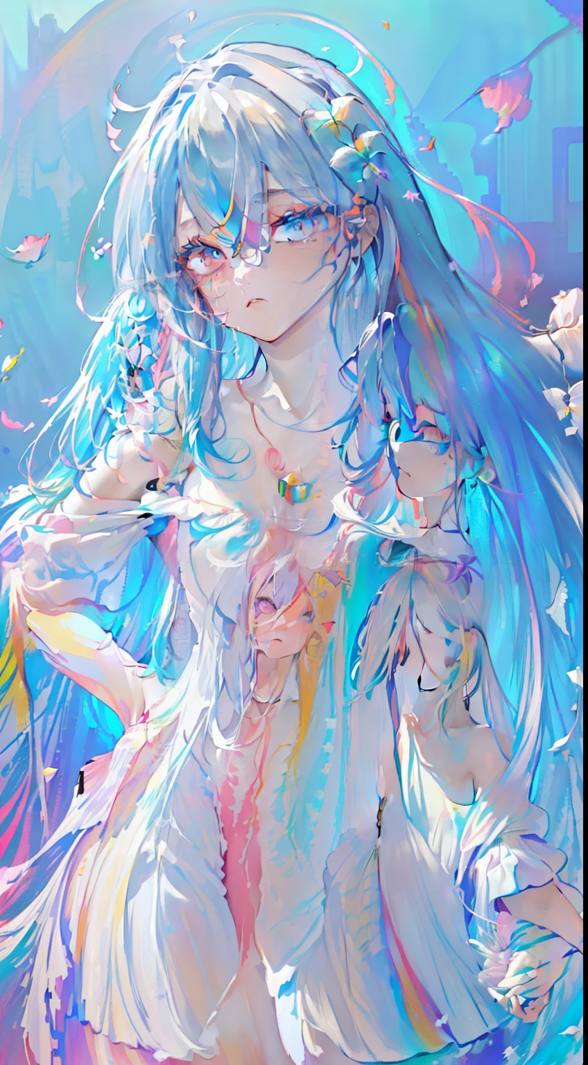 (colored hair: 1.8), (all the colors of the rainbow: 1.8),(((((vertical painting:1.6))), (Painting:1.6),front, Comics, illustrations, Painting, big eyes , crystal clear eyes,(Rainbow Color Gradient High Ponytail:1.7), exquisite makeup, closed mouth,(Small fresh: 1.5),(Clear chest: 1.6) ,long eyelashes, off-the-shoulder white t-shirt, off-the-shoulder white shirt, look at the audience, big watery eyes, (Rainbow colored hair:1.6), splashes of color, (alone:1.8), splashes of color, Color Explosion, thick painting style, messy lines, ((splendid)) ,(colorful), (colorful), (colorful), colorful, thick painting style, (splatter) (color splashes), vertical painting, upper body, paint splashes, acrylic pigment, gradient, paint, more high image quality, Very high quality, masutepiece, alone, depth of field, face painting, colorful clothes, (elegant: 1.2), very beautiful, long hair, wind, (elegant: 1.3), (flower petals: 1.4),( ((masutepiece))),(((best quality))),((ultra-detailed)),(illustration),(dynamic angle),((floating)),(paint),((disheveled hair)) ,(alone),(1girl in) , (((Detailed animated face))),((beautiful detailed face)),necklace,bare shoulders,white hair,((colored hair)),((striated hair)), beautiful detailed eyes,(gradient color eyes),(((colorful eyes))),(((colorful background))),(((high color saturation))),(((surrounded by colorful splashes))) ,