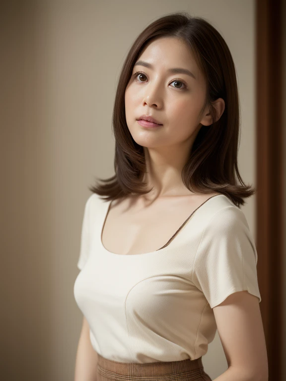 masuter piece, top-quality, masterpiece, hight resolution, Photorealsitic, Raw photography, 8k wallpaper, flawless, profetional lighting, ighly detailed, depth of fields, ((One beautiful woman)), ((40 years)), Female sexy, Classroom, ((Theta, flered skirt)), Detailed face, beautidful eyes, bangss, small breasts of good shape, Light Brown Straight Hair, Faint lips, ((Stand facing forward and look into the viewer's eyes with a serious face.)), knee out of frame,