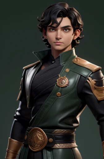 masterpiece, best quality, 1 boy, black eyes, brown skin, black hair, wavy hair, short hair, black Indonesian clothes, green leather accessories, simple background, solo, upper body