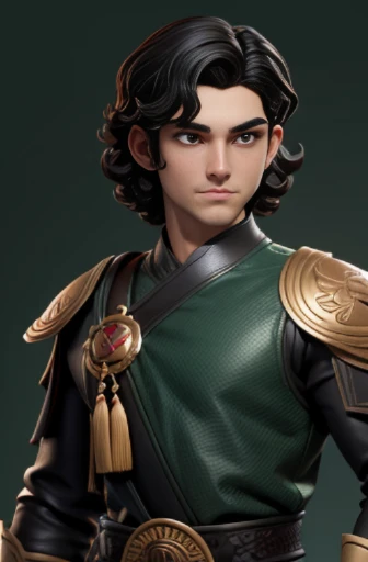 masterpiece, best quality, 1 boy, black eyes, brown skin, black hair, wavy hair, short hair, black Indonesian clothes, green leather accessories, simple background, solo, upper body