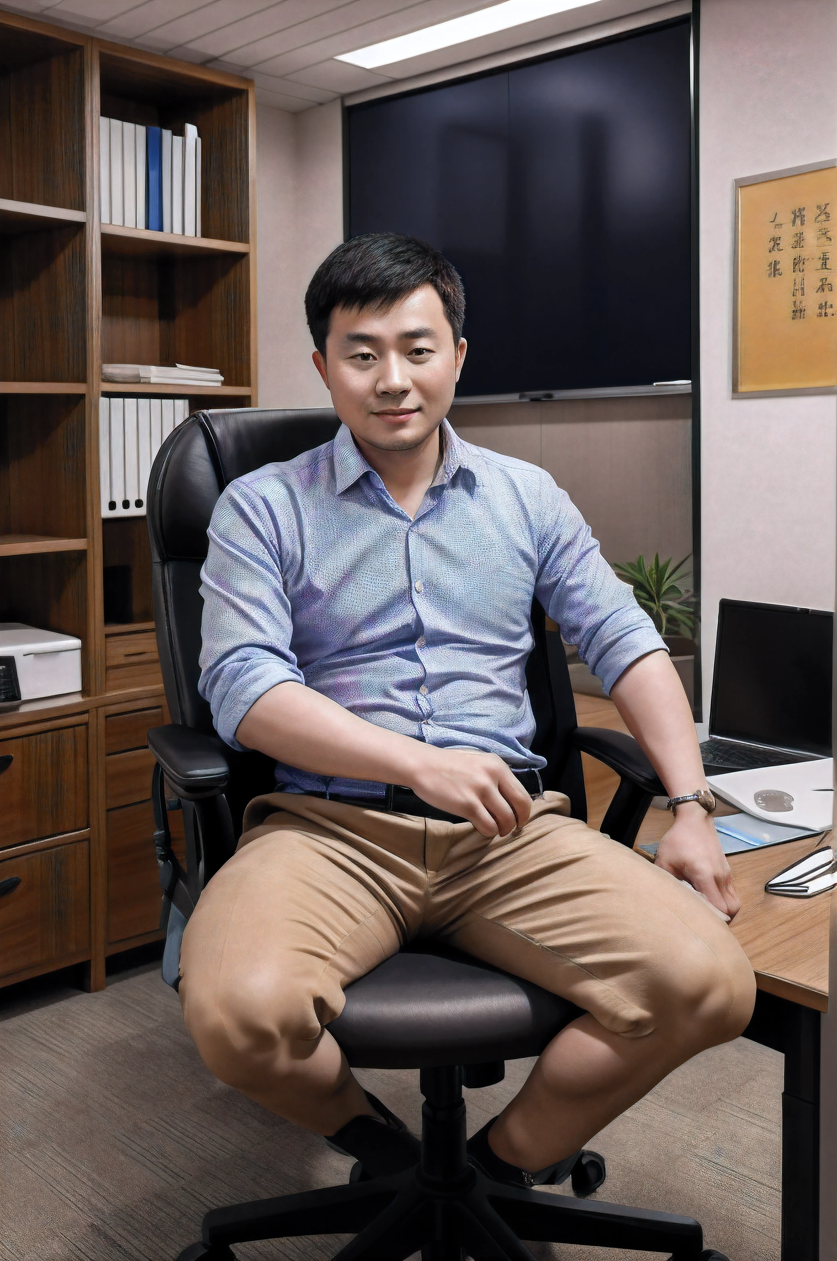 30 age old,successful chinese man,background is office,Man sitting in office chair,desk in front of man。Only the upper body of the man can be seen