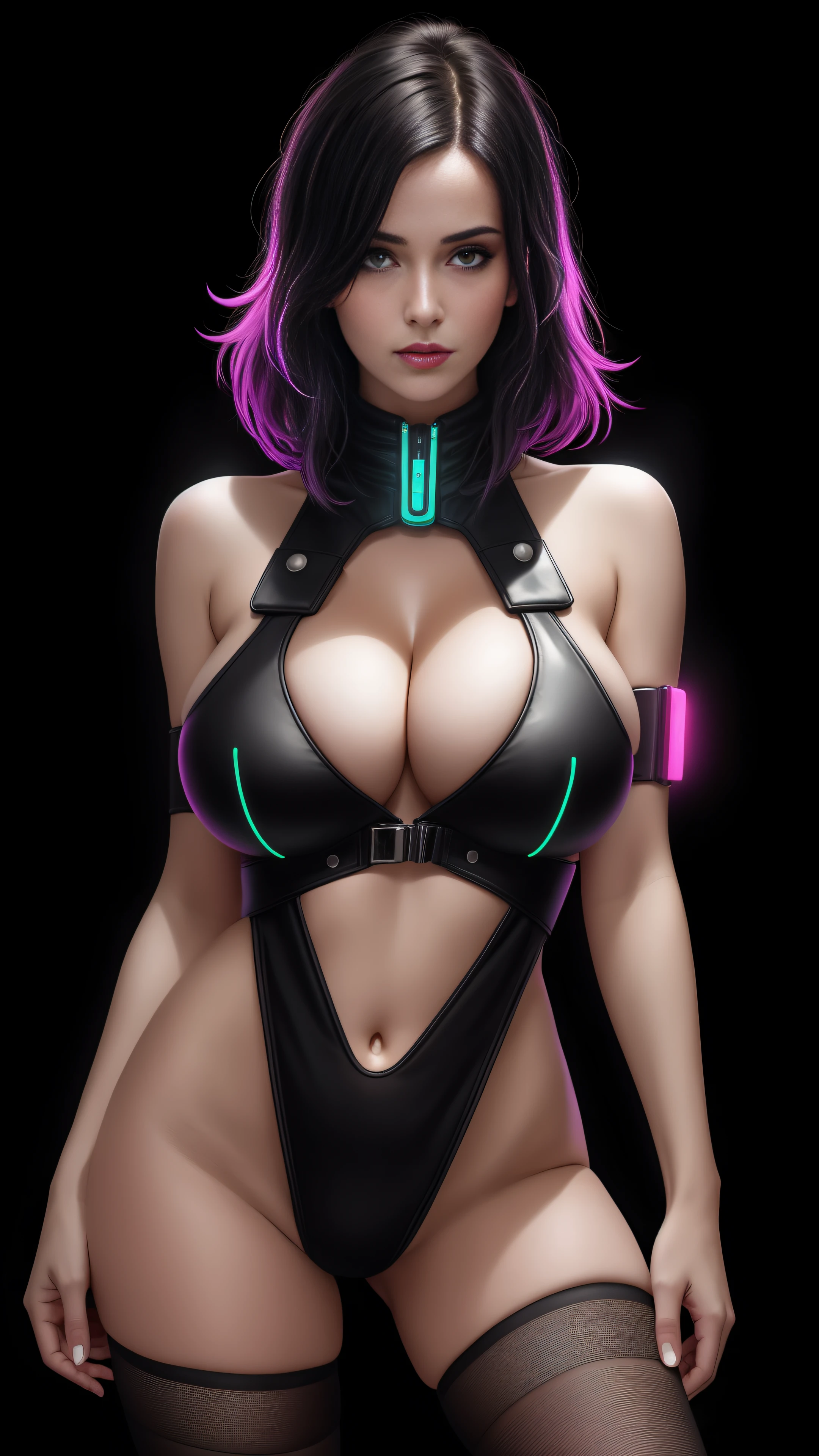 there is a Swedish woman standing, 3 d neon art of a womans body, neon-noir background, cyberpunk femme fatale, seductive cyberpunk dark fantasy, cyberpunk strip clubs, cyberpunk 20 y. o model girl, oppai cyberpunk, banner, high definition cgsociety, cgsociety masterpiece, trending on cgstation, kda, random hair, looking at camera, gigantic breasts, cleavage, (high detailed skin:1.2), 8k uhd, dslr, super lighting, high quality, film grain, high res, highly detailed, hyper realistic, beautiful face, beautiful body, beautiful eyes nose lips, alluring expression, very bold, upper boobs visible, full body photo, standing legs apart, pale translucent glowing skin, most beautiful face, cute, (well defined pubic hair:1.2)), (dark plain black background:1.4))