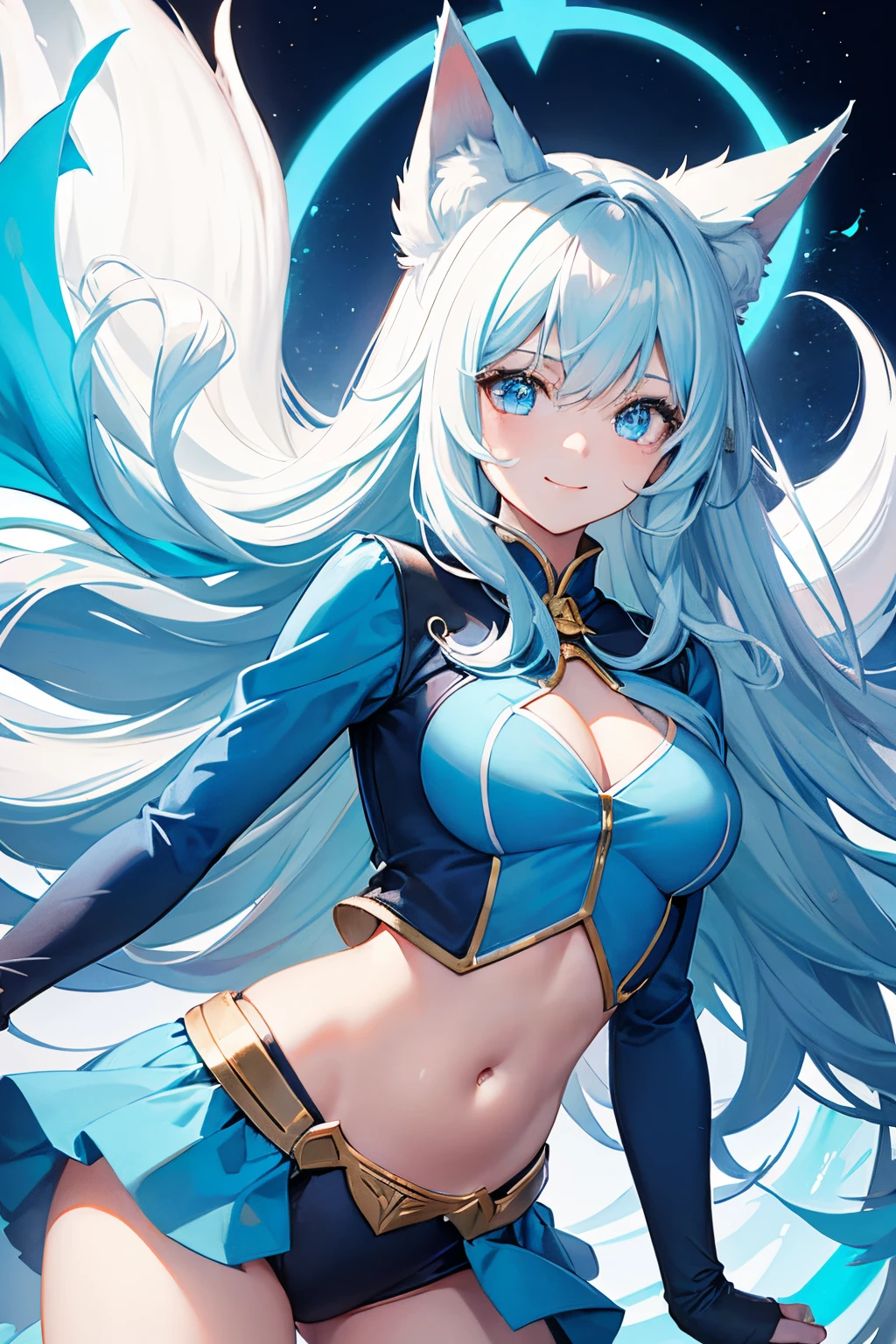 young girl, Long white hair, Cyan eyes, Fox ears, Superhero Uniform, Blue Flame, open belly, neckline on the chest, ssmile, Masterpiece, hiquality