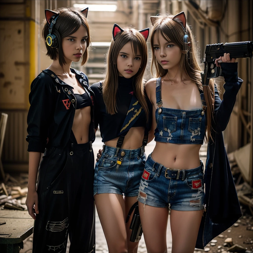  girls, dressed in cyberpunk overalls, one piece suits, light blue and yellow, with patches with radioactive emblems, in a apocalyptic ruin with guns next to them, cyberpunk helmets next to them, wearing Cat ears, hand guns on side, ripped clothes reveal part of breast, very short tops show bottom part of breast,