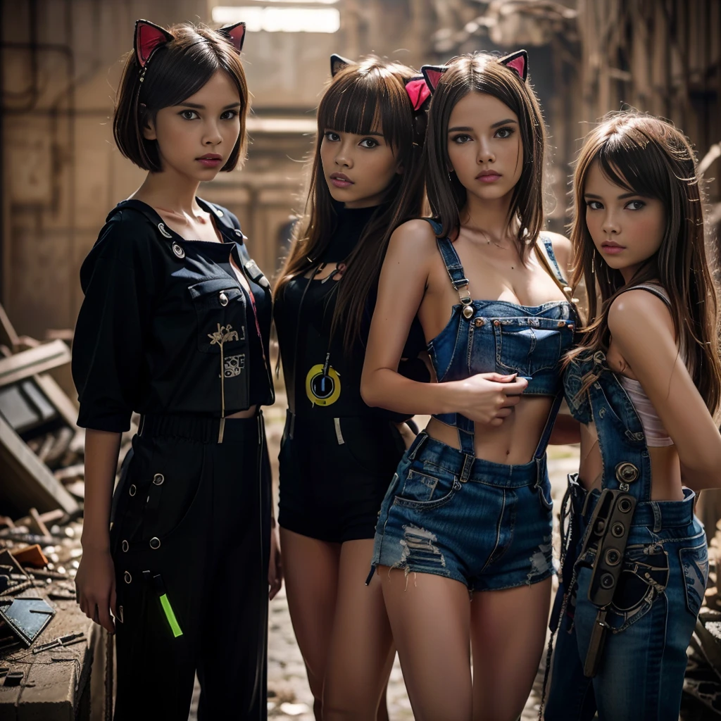 13 year old girls, dressed in cyberpunk overalls, one piece suits, light blue and yellow, with patches with radioactive emblems, in a apocalyptic ruin with guns next to them, cyberpunk helmets next to them, wearing Cat ears, hand guns on side, ripped clothes reveal part of breast, very short tops show bottom part of breast,