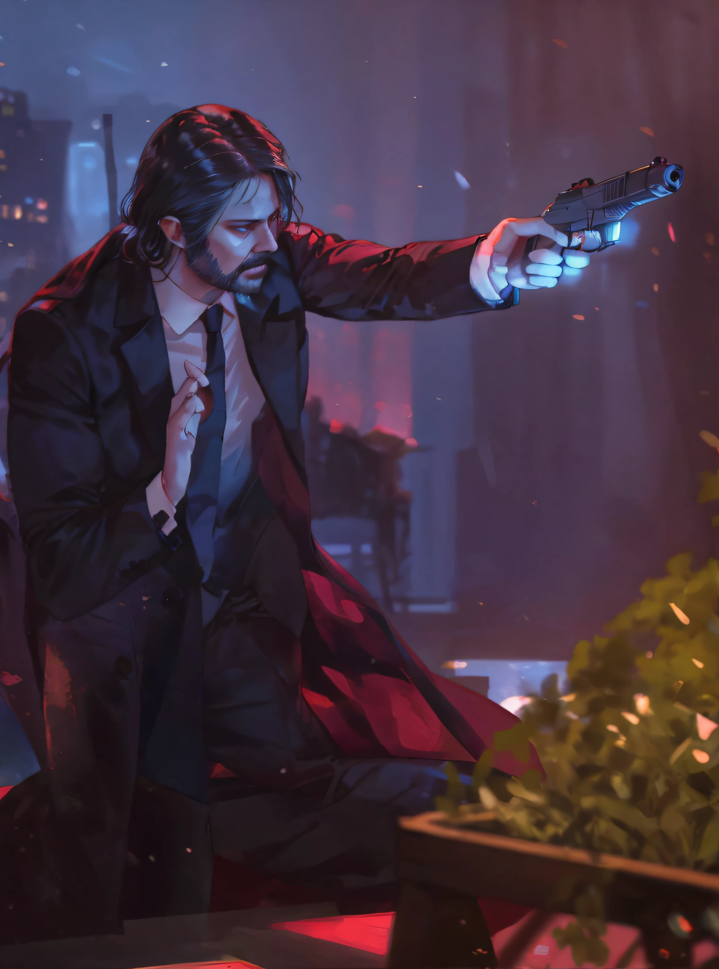 In a dimly lit room，Wear a suit、wearing a tie、Arab lady with gun, in the john wick movie, From the new John Wick movie, John Wick, Red Fox, cinematic action shot, portrait of john wick, dramatic cinematic action shot, Promotion is still on, february), Movie action stills, # 电影灯光, dramatic action shot, action scene, action  shot，Hand detail，tmasterpiece，4k，k hd