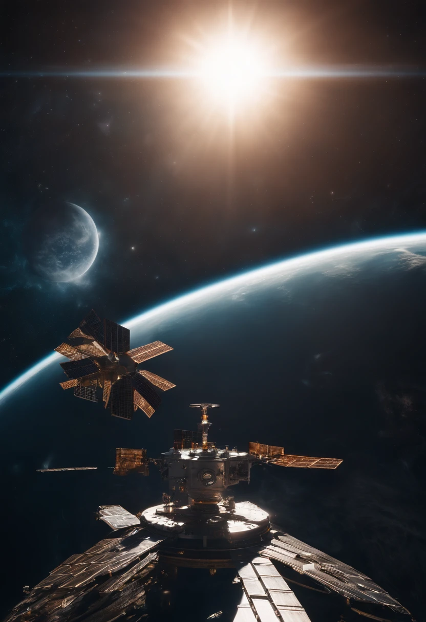 space station orbiting the sun,universe background
