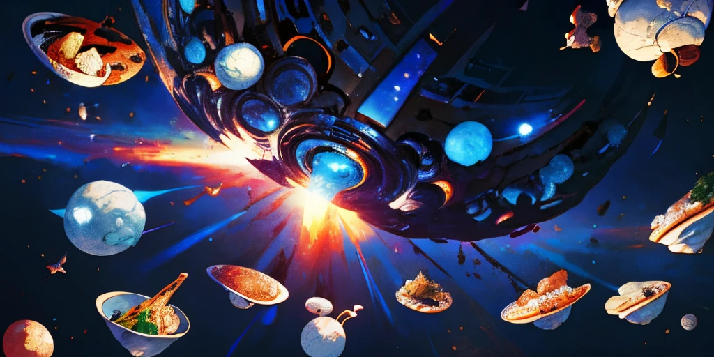 A cartoon image of a spaceship flying over a table of food, Amazing food illustration, A beautiful artistic illustration, Game illustration, mobile game background, background artwork, Stylized digital illustration, food particles, detailed 2d illustration, conceptual drawing, game background, 2D illustration, 2D illustration, Japanese Fusion Cuisine, 4 k hd illustrative wallpaper