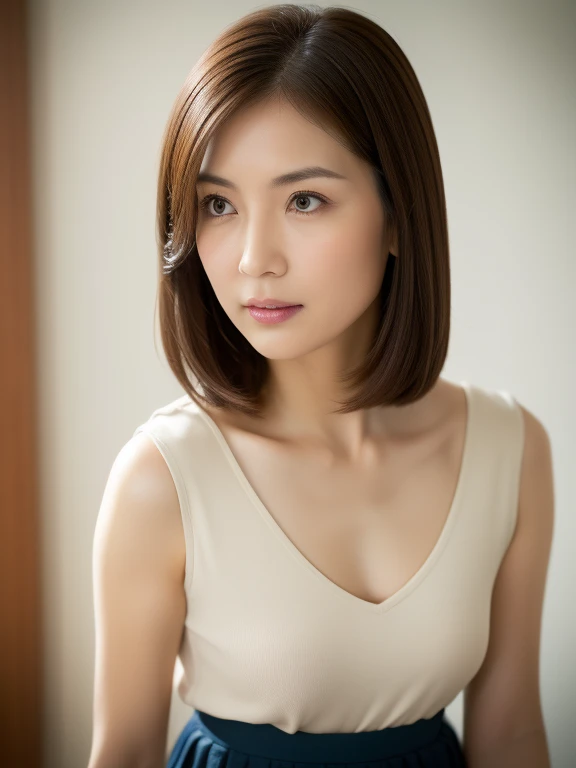 Skinny 40s Japanese lady, various camisole, very short hair, small face, detailed face, detailed eyes, detailed lips, detailed legs, sitting in a bed room, wood wall background