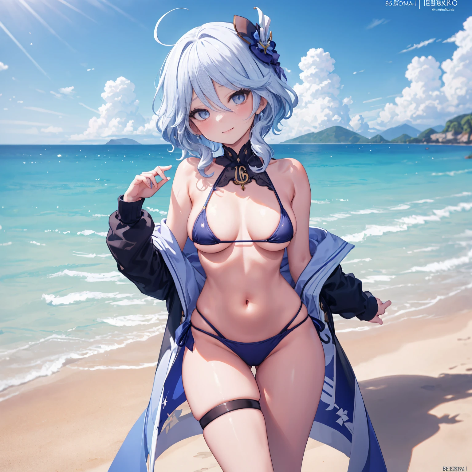 Furina Focalers | genshin impact, master-piece, bestquality, 1girls,25 years old , proportional body, proportional, Show your , Water set, This micro bikini,Micro Mini Bikini, Lying on the beach with a seductive challenge, flattering. ,bara, Beautiful sea, The sky is beautiful, View viewers from the front, Thigh strap, Head tilt, bored, 10, 10, HD, slight smile,