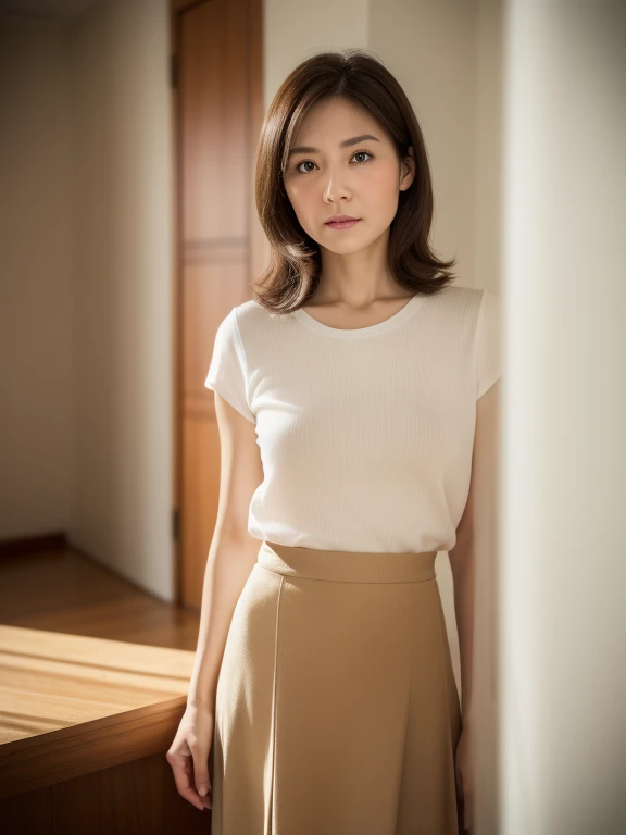 masuter piece, top-quality, masterpiece, hight resolution, Photorealsitic, Raw photography, 8k wallpaper, flawless, profetional lighting, ighly detailed, depth of fields, ((One beautiful woman)), ((40 years)), Female sexy, Classroom, ((Theta, flered skirt)), Detailed face, beautidful eyes, bangss, small breasts of good shape, Light Brown Straight Hair, Faint lips, ((Stand with your whole body facing forward and look into the viewer's eyes with a serious face.)), knee out of frame,