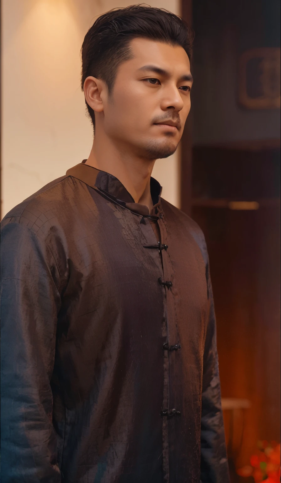Chinese emperor, black hat, no beard, about 30 years old, face relatively large, brown silk solid color simple official uniform, thin color dragon texture embroidered with openwork embroidery on the clothes, realistic face close-up, character photography, solid color simple background, ambient light, background light, Tyndall light