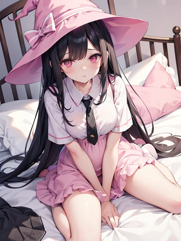 The woman had long black hair down to her waist, wore a cute pink hat, wore pink casual clothes and wore a fairly small skirt with white socks covering her legs up to her thighs. in a pregnant position wearing a witch's dress in bed in a position that has just woken up and shows her genitals which emit a thick white liquid from her genitals