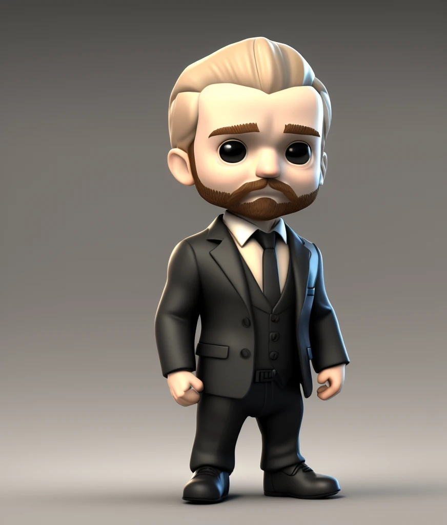 3dcharacter Funko style, 24 year old white man with a defined jaw and stubbled beard with a medium  haircut, black business suit, , (full body:1.2),simple background, masterpiece,best quality,(white background:1.1)(brown blonde hair)(  stubble beard:0.8)