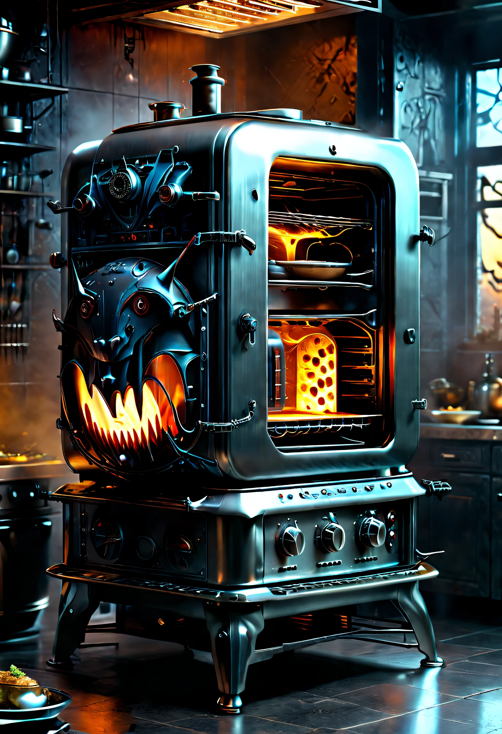 (Bat shaped double layer electric oven),Creative product design,Very unified CG,Complicated details, Background with:kitchen wasteland, sci fi art, ,Excellent,hyper realisitc,Thriller,dennis ruston style,