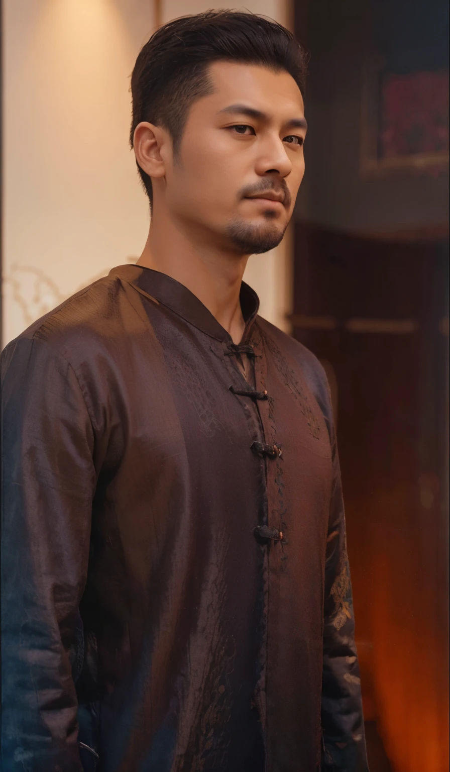 Chinese emperor, black hat, no beard, about 30 years old, face relatively large, brown silk solid color simple official uniform, thin color dragon texture embroidered with openwork embroidery on the clothes, realistic face close-up, character photography, solid color simple background, ambient light, background light, Tyndall light