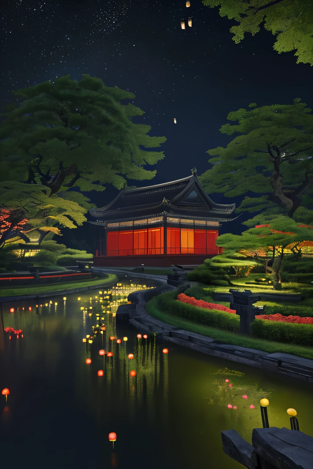 Microlandscape：1.8，Faraway view，High viewing angle lens），Antique game scene design，A corner of the ancient town of Jiangnan，Black night sky，natta，starrysky，lanterns，big trees，Flowers，Flowers in the bushes，trees blossom，Sakura architecture，Antique carved door beam，Chinese ink OC rendering sculpture