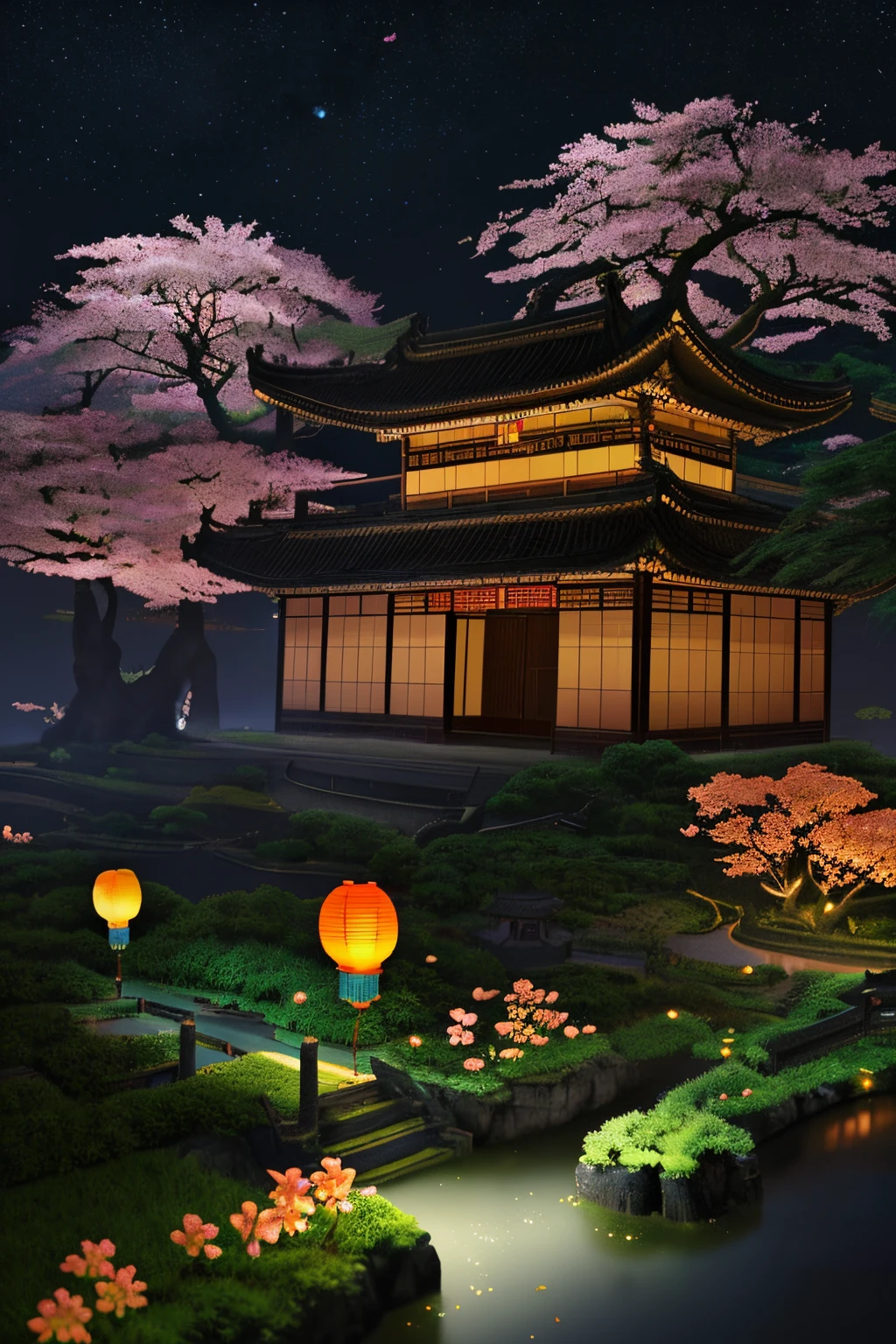 Microlandscape：1.8，Faraway view，High viewing angle lens），Antique game scene design，A corner of the ancient town of Jiangnan，Black night sky，natta，starrysky，lanterns，big trees，Flowers，Flowers in the bushes，trees blossom，Sakura architecture，Antique carved door beam，Chinese ink OC rendering sculpture