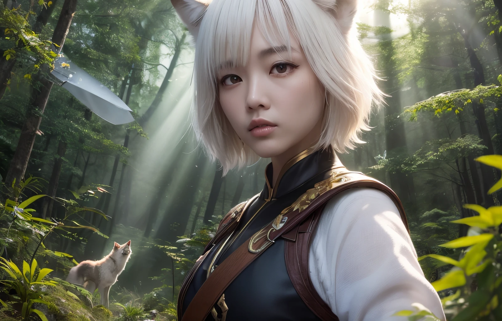 8K image quality, ultra high definition, a young and handsome Chinese female wolf's head generals with white short hair in the forest is facing a huge monster with a ninja knife. All the birds and beasts in the forest fly into the sky, and a ray of sunlight shines into the forest, wallpaper --auto --s2