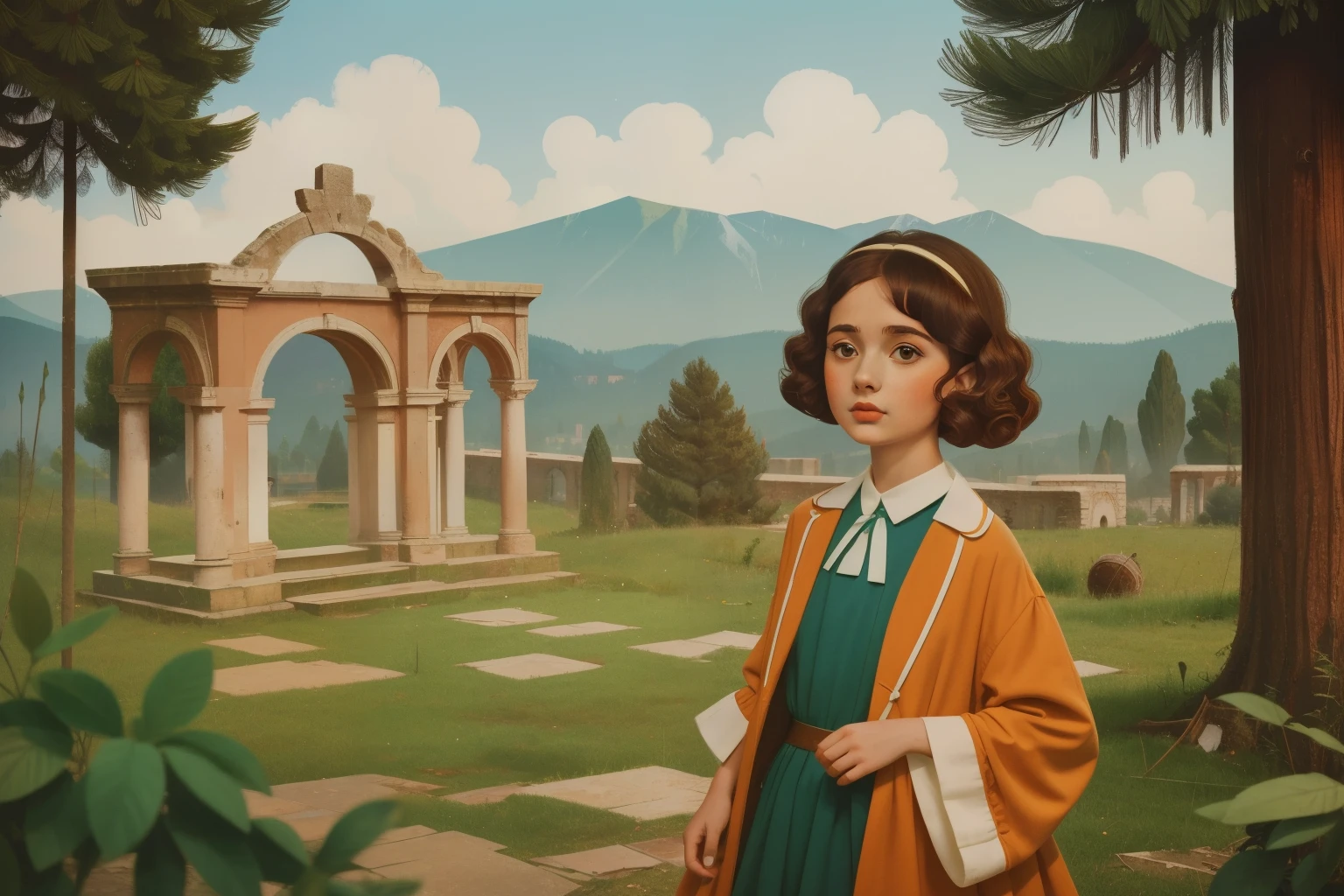 1965, Italy. Pre-raphaelite ((((-yeld)) o)), homeless girl, messy short curly hair, oversized coat, ((happiness expression)), in a roman anphitheatre, ruins, pinetrees in the distance, ((((big and unkempt Clothing from the 1960s)))), ((curly Hairstyle of the 1960s)), ((Wes Anderson cinematic style)), colorful