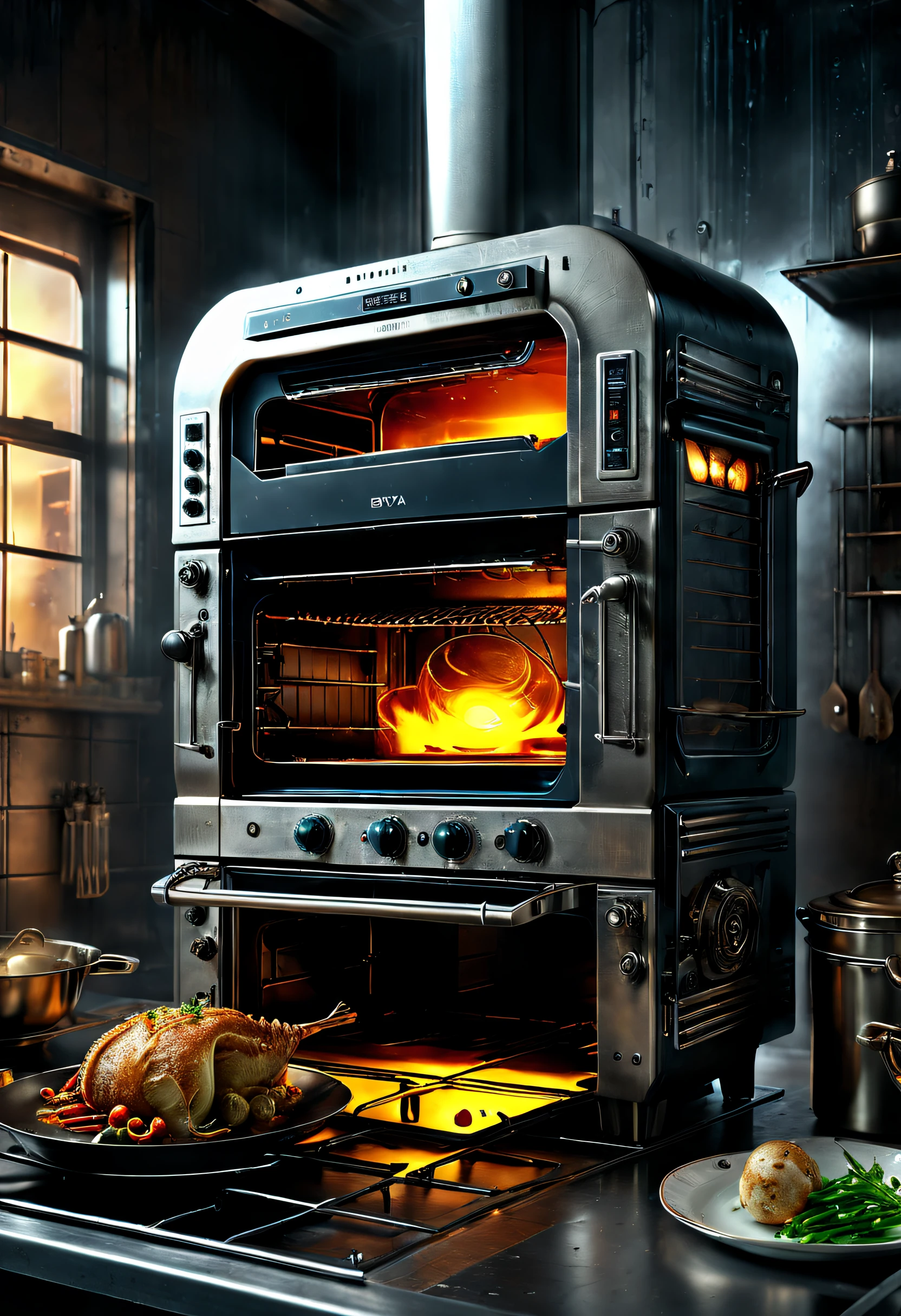 (Boya electric oven),Creative product design,Very unified CG,Complicated details, Background with:kitchen wasteland, sci fi art, ,Excellent,hyper realisitc,Thriller,dennis ruston style,