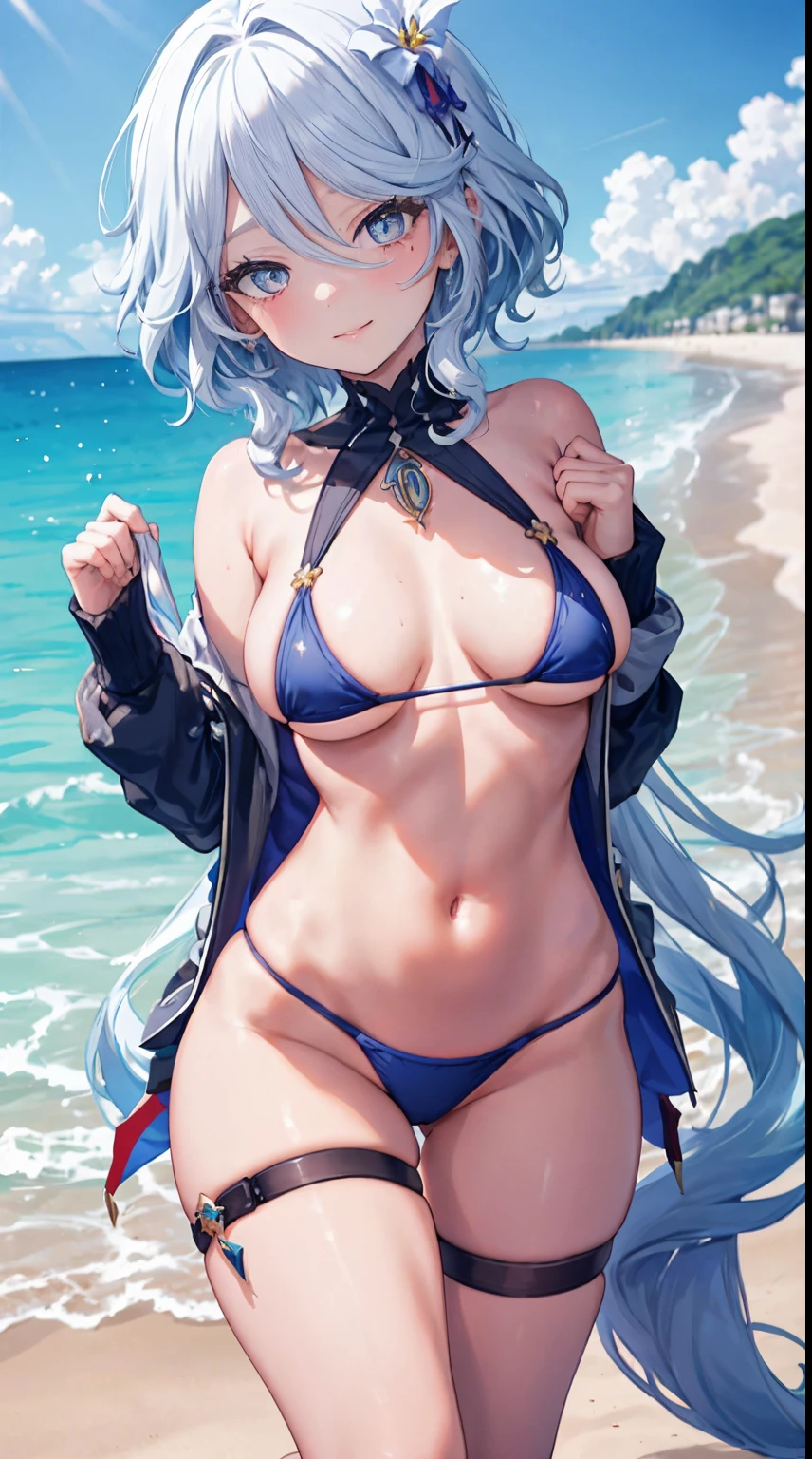 Furina Focalers | genshin impact, master-piece, bestquality, 1girls,25 years old , proportional body, proportional, Show your , Water set, This micro bikini,Micro Mini Bikini, Lying on the beach with a seductive challenge, flattering. ,bara, Beautiful sea, The sky is beautiful, View viewers from the front, Thigh strap, Head tilt, bored, 10, 10, HD, slight smile,