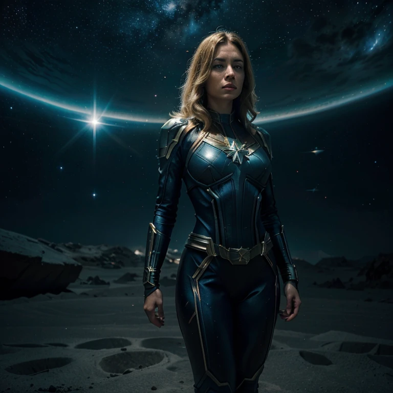 (best quality,4k,8k,highres,masterpiece:1.2),ultra-detailed,(realistic,photorealistic,photo-realistic:1.37),captain marvel,female superhero,space travel,cosmic landscape,bright stars,galaxy-filled background,vibrant colors,powerful pose,mesmerizing eyes,long blonde hair,glowing energy,serious expression,majestic presence,sci-fi theme,superhero costume,inspiring,mysterious atmosphere,studio lighting,dynamic composition,elegant posture,sharp focus,stellar outfit,awe-inspiring,interstellar adventure,celestial beauty,heroic presence,extraterrestrial setting,luminous aura,endless vastness,divine power,otherworldly charm,magical vibes,action-packed scene,motion blur,immersive experience,cosmic rays,distant planets.
