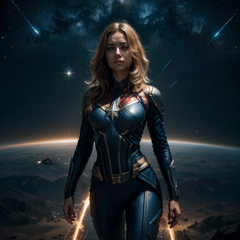 (best quality,4k,8k,highres,masterpiece:1.2),ultra-detailed,(realistic,photorealistic,photo-realistic:1.37),captain marvel,female superhero,space travel,cosmic landscape,bright stars,galaxy-filled background,vibrant colors,powerful pose,mesmerizing eyes,long blonde hair,glowing energy,serious expression,majestic presence,sci-fi theme,superhero costume,inspiring,mysterious atmosphere,studio lighting,dynamic composition,elegant posture,sharp focus,stellar outfit,awe-inspiring,interstellar adventure,celestial beauty,heroic presence,extraterrestrial setting,luminous aura,endless vastness,divine power,otherworldly charm,magical vibes,action-packed scene,motion blur,immersive experience,cosmic rays,distant planets.