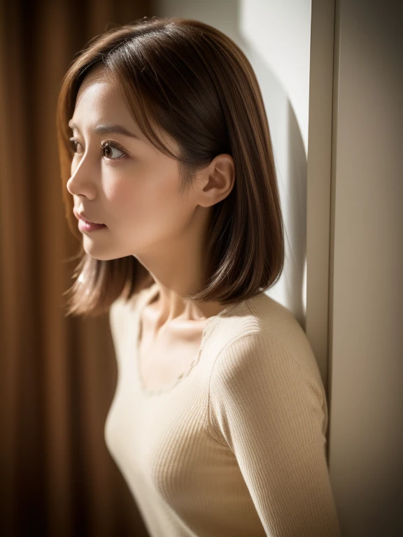 masuter piece, top-quality, ​masterpiece, hight resolution, Photorealsitic, Raw photography, 8k wallpaper, flawless, profetional lighting, ighly detailed, depth of fields, ((One beautiful woman)), ((40 years)), Female sexy, ‎Classroom, ((Theta, flered skirt)), Detailed face, beautidful eyes, bangss, small breasts of good shape, Light Brown Straight Hair, Faint lips, ((Stand with your whole body facing forward and look into the viewer&#39;s eyes with a serious face.)), knee out of frame,