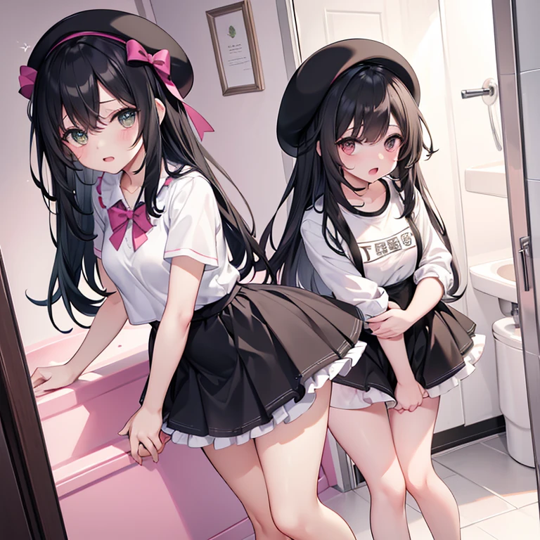 ((2 girls))、((smile))、blush、black shirt、blouse、((fun))、(small breasts)、（small breasts）、Chirarism、black hair、(single braid)、((white apron:1.5))、((maid))、((hair ornaments)),  thighs, 壊す in house, ((in house:1.5))、 BREAK looking at viewer、torn skirt，(grab the skirt:1.0)、 (perfect hands, perfect anatomy),cowboy shot、((shaved pussy:1.5))、(skirt that rolls up:1.3)、(Highly detailed labia fully exposed:1.5)、(Photo seen from below:1.3)、skirtlift