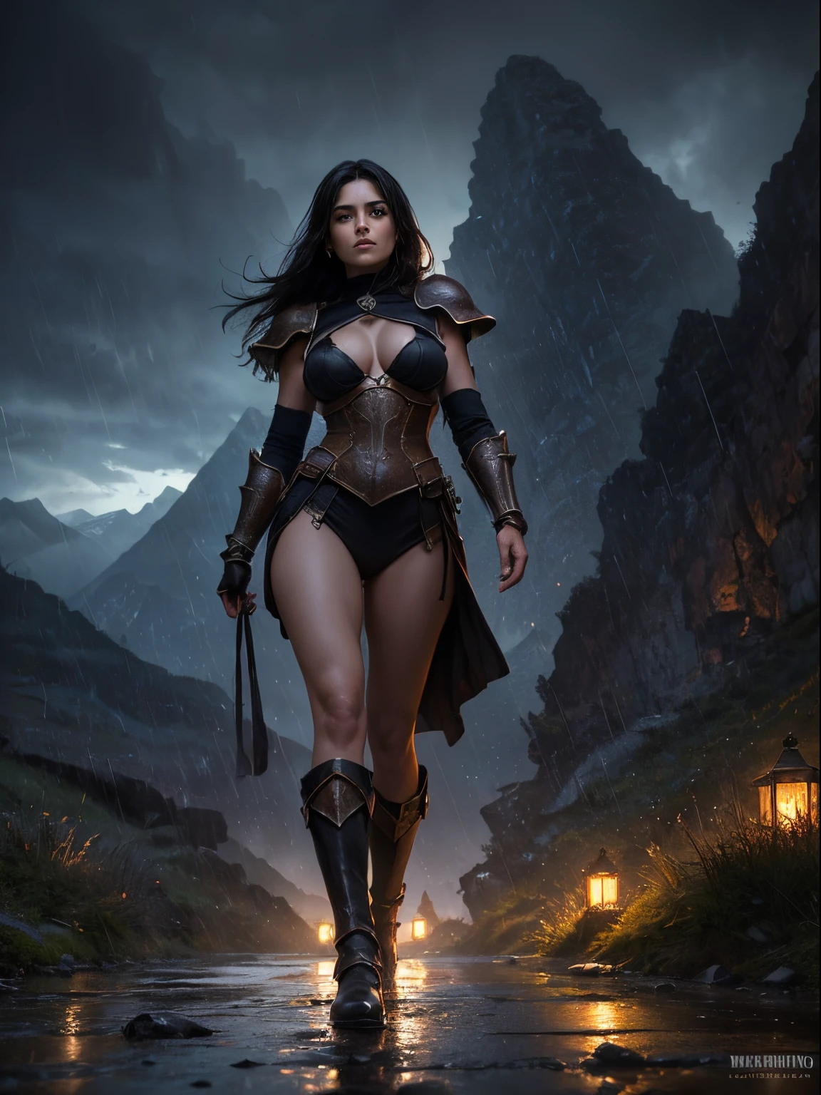 ((masterpiece, dark fantasy, best quality)), (camera from below), (1girl), dark female warrior walking on stony path, ((face to camera, camera from front)), dark mountains in the background, rainy evening, high details, (symetric face, symetric eyes, black hair, long hair, dark armour), brown eyes, ((breas exposed)), ((natural breasts, shining breasts)),,(dark armour), brown eyes, fantasy, ((rainy evening, dark mountains in background)), ((fantasy dark colors)), style of Frank Frazetta, 1986, fantasy