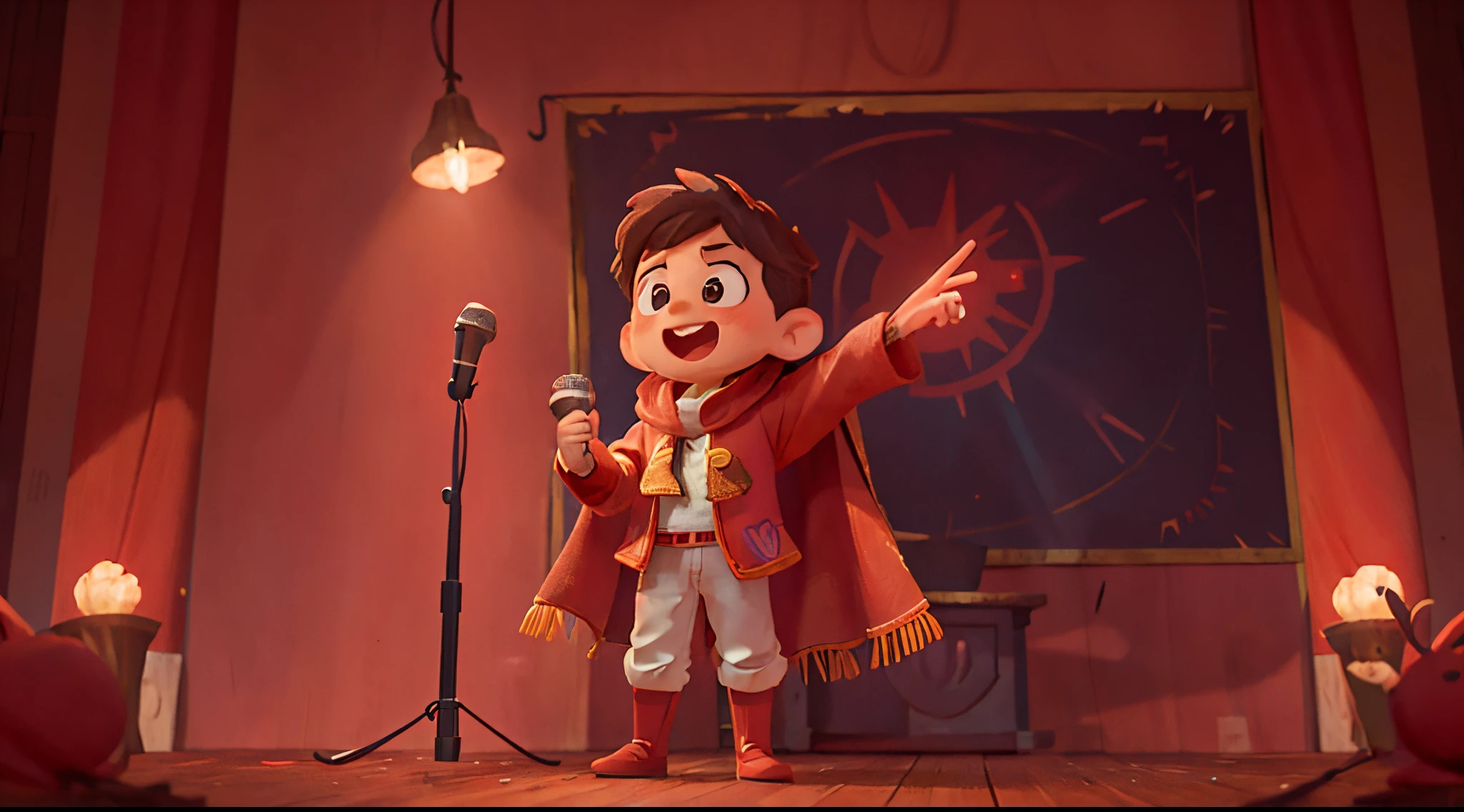 There is a child giving a speech and performance on a large stage,He is standing on the stage,one hand raised,The other hand holds the microphone,Wearing a red cloak behind,Happy expression,Warm lighting,spotlight lights,k hd,dream magical,Commercial illustration