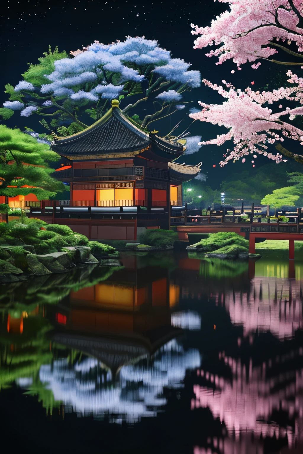 Microlandscape:1.8,Faraway view,High viewing angle lens),Antique game scene design,A corner of the ancient town of Jiangnan,Black night sky,natta,starrysky,lanterns,big trees,Flowers,Flowers in the bushes,trees blossom,Sakura architecture,Antique carved door beam,Chinese ink OC rendering sculpture,8k ,Nikon 750