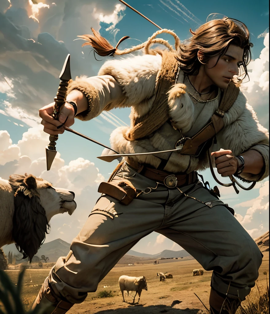 David is a young sheep herder defeating a lion with a slingshot --auto --s2