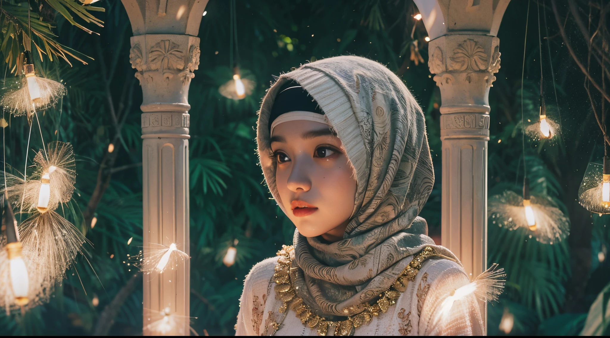 Imagine a serene moonlit night in a dense Malay jungle where a girl in hijab practices traditional martial arts surrounded by mystical fireflies. Capture the elegance and grace of her movements as the fireflies create a magical aura around her, 35mm lens, Extreme close-up, pastel color grading, depth of field cinematography effect, film noir genre, 8k resolution, high quality, ultra detail,