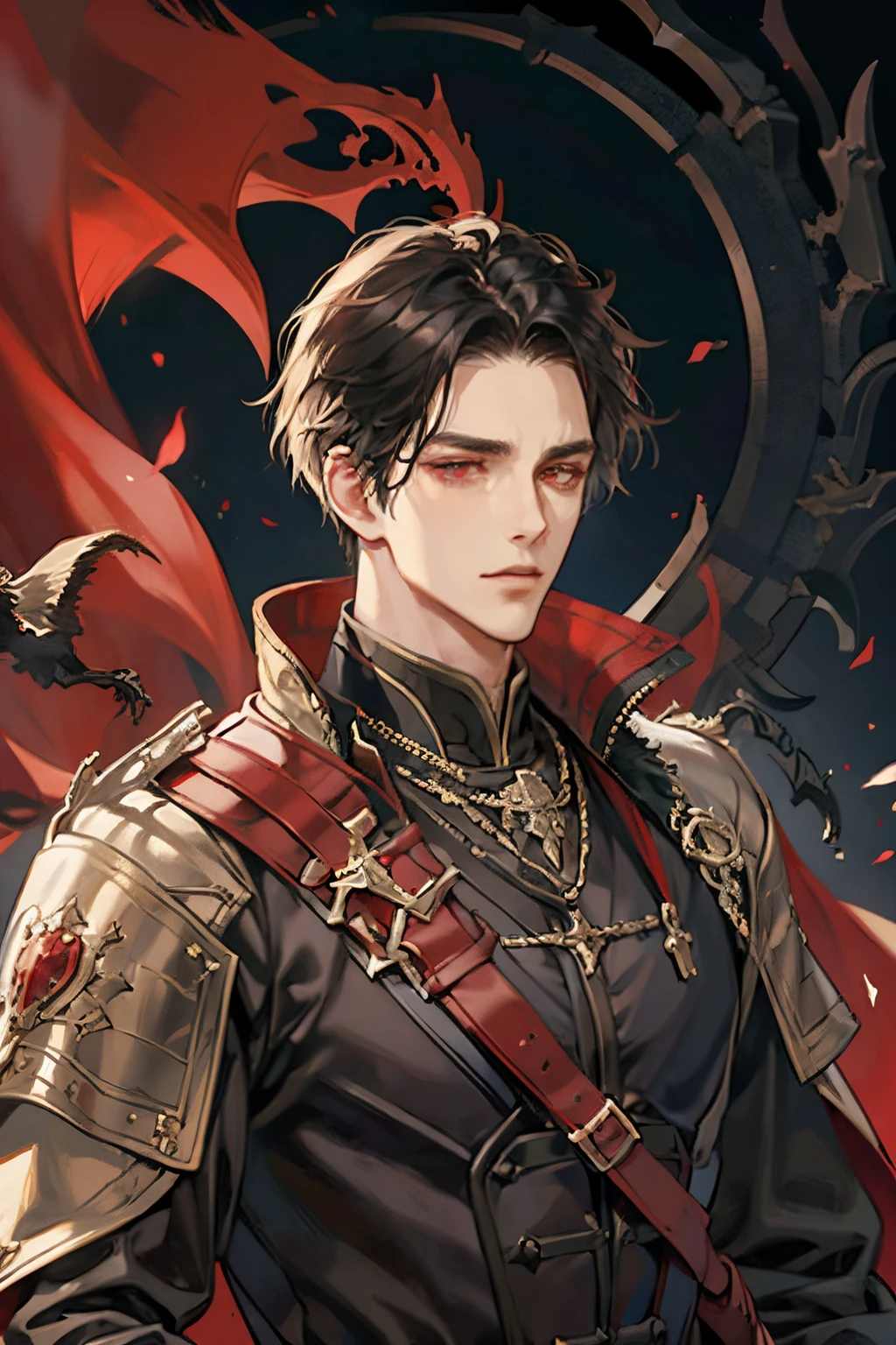 1 male, adult, beautiful, short tousled black hair, dark red eyes, tall and broad shoulders, black nobility clothing, strategist, handsome, condescending, medieval fantasy , upper body, condescending, medieval castle background