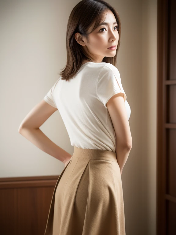 masuter piece, top-quality, ​masterpiece, hight resolution, Photorealsitic, Raw photography, 8k wallpaper, flawless, profetional lighting, ighly detailed, depth of fields, ((One beautiful woman)), ((40 years)), Female sexy, ‎Classroom, ((Theta, flered skirt)), Detailed face, beautidful eyes, bangss, small breasts of good shape, Light Brown Straight Hair, Faint lips, ((Stand with your back turned and look at the viewer with a serious face)), knee out of frame,