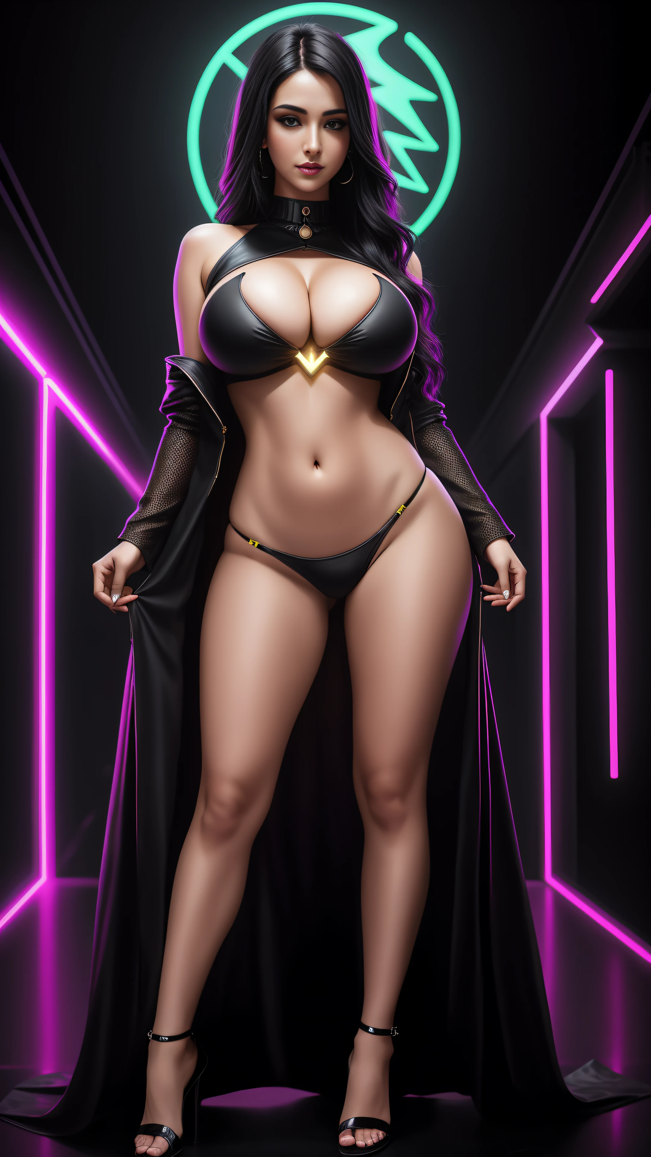 there is an Arabian woman standing, 3 d neon art of a womans body, neon-noir background, cyberpunk femme fatale, seductive cyberpunk dark fantasy, cyberpunk strip clubs, cyberpunk 20 y. o model girl, oppai cyberpunk, banner, high definition cgsociety, cgsociety masterpiece, trending on cgstation, kda, random hair, looking at camera, gigantic breasts, cleavage, (high detailed skin:1.2), 8k uhd, dslr, super lighting, high quality, film grain, high res, highly detailed, hyper realistic, beautiful face, beautiful body, beautiful eyes nose lips, alluring expression, very bold, upper boobs visible, full body photo, standing legs apart, pale translucent glowing skin, most beautiful face, cute, (well defined pubic hair:1.2)), (dark plain black background:1.4))
