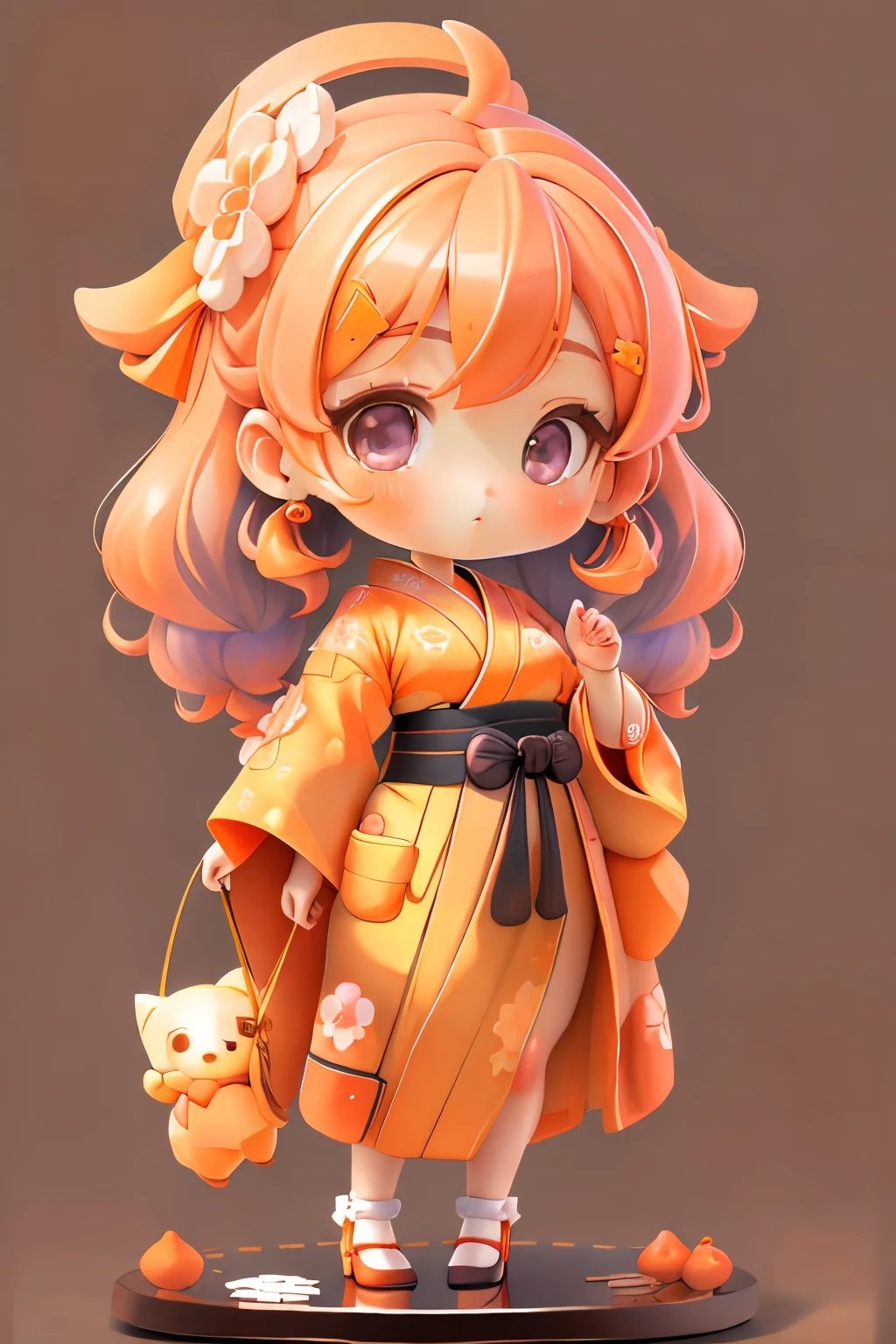 girl with, Chibi、amber, , medium pastel orange, luxury fabrics, dithering, Far-reaching,Lucki Violet at Viewer、kimono