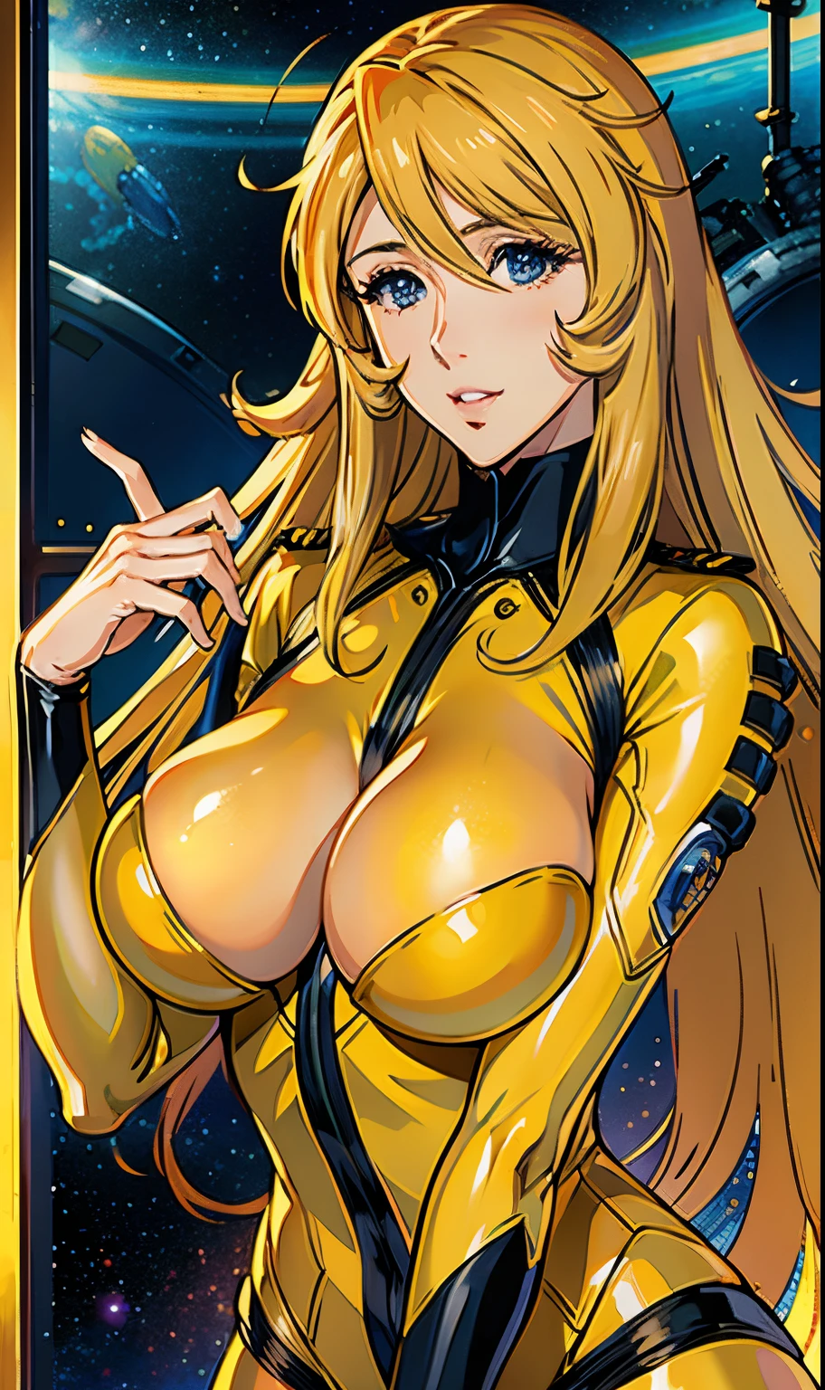 Beautuful Women、yellow latex translucent costume、Very big breasts、Very long blonde hair、gently smiling、Inside Space Battleship Yamato,