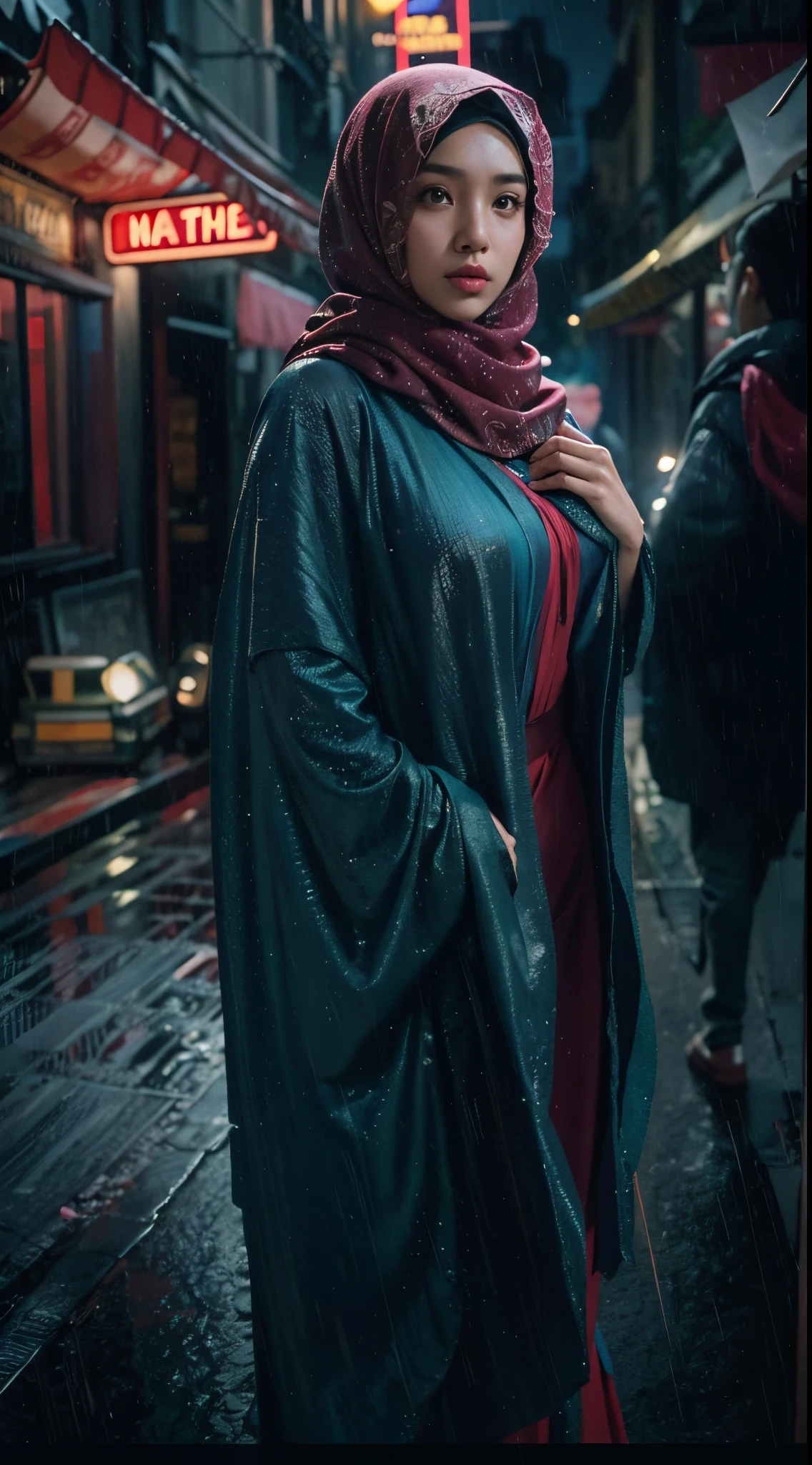 Imagine the Malay girl in hijab as the main character in a classic film noir. Enhance the drama with moody lighting, shadows, and a rainy urban backdrop. Add elements of mystery and intrigue, making her the enigmatic heroine, 35mm, Over-the-shoulder shot, vibrant color grading, light leaks, starbursts cinematography effect, epic fantasy genre, ultra detail, high quality, 8k resolution.