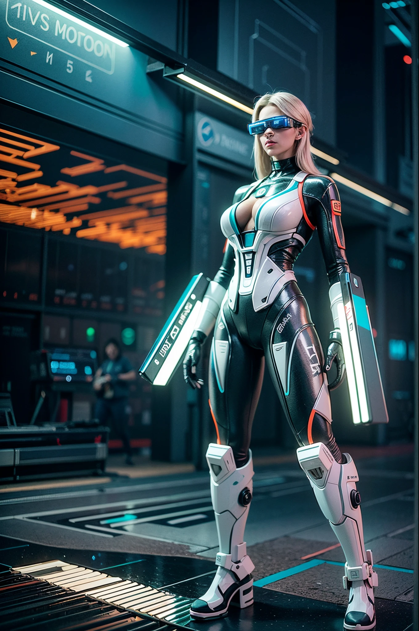 ((Best quality)), ((masterpiece)), (highly detailed:1.3), 3D,full body portrait,rfktr_technotrex, beautiful cyberpunk woman,(wearing head-mounted display that is chunky and hi-tech with neon lights:1.2),wearring a cape,computer hacking,computer terminals,soft glow from neon lights,micro-electronics,computer servers, LCD screens, fibre optic cables, corporate logos,vibrant colours,HDR (High Dynamic Range),Ray Tracing,NVIDIA RTX,Super-Resolution,Unreal 5,Subsurface scattering,PBR Texturing,Post-processing,Anisotropic Filtering,Depth-of-field,Maximum clarity and sharpness,Multi-layered textures,Albedo and Specular maps,Surface shading,Accurate simulation of light-material interaction,Perfect proportions,Octane Render,Two-tone lighting,Low ISO,White balance,Rule of thirds,Wide aperature,8K RAW,Efficient Sub-Pixel,sub-pixel convolution,luminescent particles,light scattering,Tyndall effect