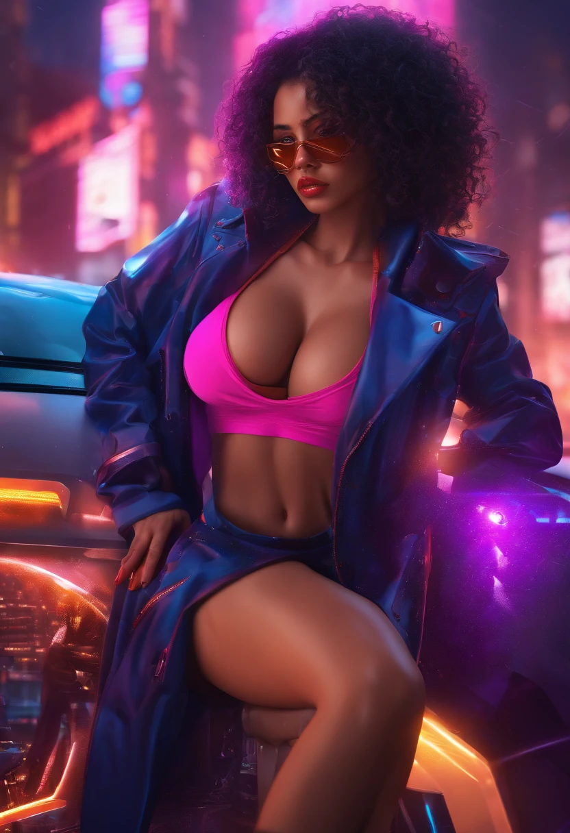 (Best quality, 4k, Masterpiece :1.3), beautiful woman, hyper realistic, 2girl, (massive breasts, attractive body :1.2), sit-ups :1.1, curly brunette hair: 1.1, (wet rainy, wet by rain, wet body :1.2), ultra-detailed face, detailed lips, detailed eyes, double eyelid, sensual low-neck dress, open neckline, hanging breasts, side pose, visible curves, pool party, lying next to the pool, purple transparent robe, sunglasses, muscular turned leg, afro columbian