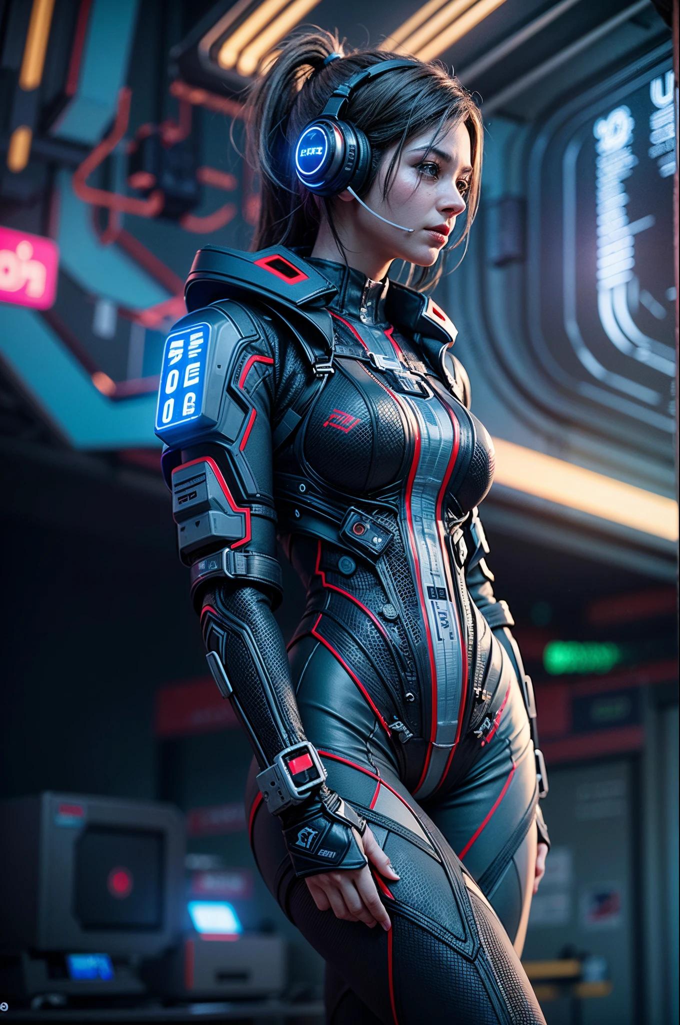 ((Best quality)), ((masterpiece)), (highly detailed:1.3), 3D,full body portrait,rfktr_technotrex, beautiful cyberpunk woman,(wearing head-mounted display that is chunky and hi-tech with neon lights:1.2),wearring a cape,computer hacking,computer terminals,soft glow from neon lights,micro-electronics,computer servers, LCD screens, fibre optic cables, corporate logos,vibrant colours,HDR (High Dynamic Range),Ray Tracing,NVIDIA RTX,Super-Resolution,Unreal 5,Subsurface scattering,PBR Texturing,Post-processing,Anisotropic Filtering,Depth-of-field,Maximum clarity and sharpness,Multi-layered textures,Albedo and Specular maps,Surface shading,Accurate simulation of light-material interaction,Perfect proportions,Octane Render,Two-tone lighting,Low ISO,White balance,Rule of thirds,Wide aperature,8K RAW,Efficient Sub-Pixel,sub-pixel convolution,luminescent particles,light scattering,Tyndall effect