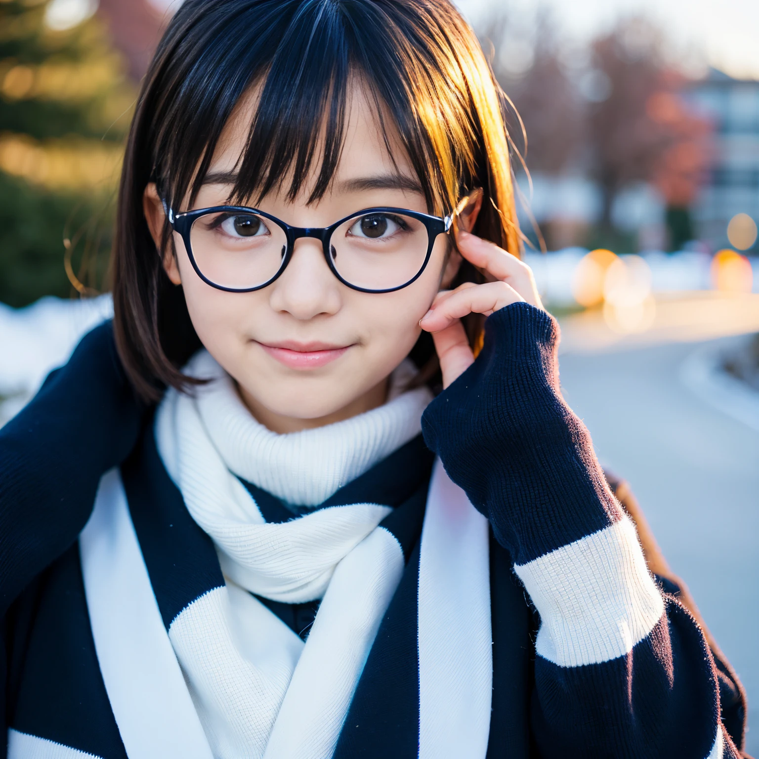 (masterpiece, best quality, beautiful quality, photorealistic, looking at viewer, detailed lighting, extremely detailed skin, extremely detailed hair, extremely detailed teeth, shadows, 8k:1.2), (a picture of a woman, 1girl, glasses, school uniform, from above, full body:1.2),