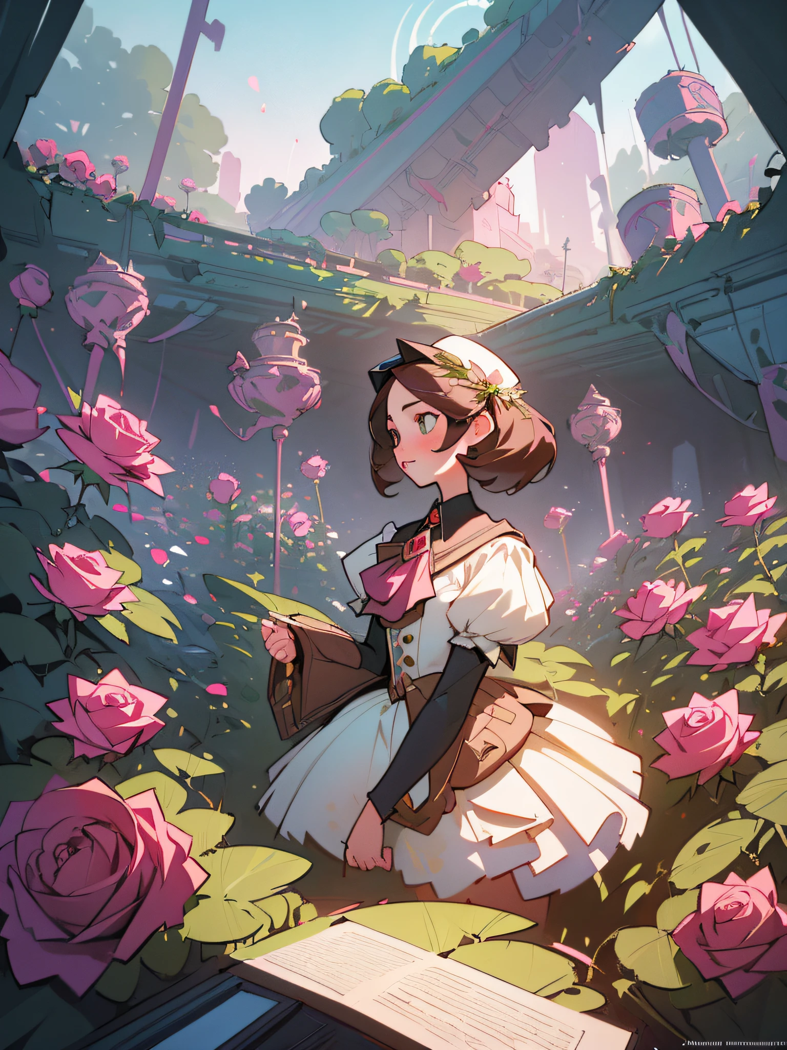（Best quality at best，tmasterpiece，1girl，A land overgrown with roses stands beautiful girls，james gurney，Art station rendering，Ultra-wide lens，