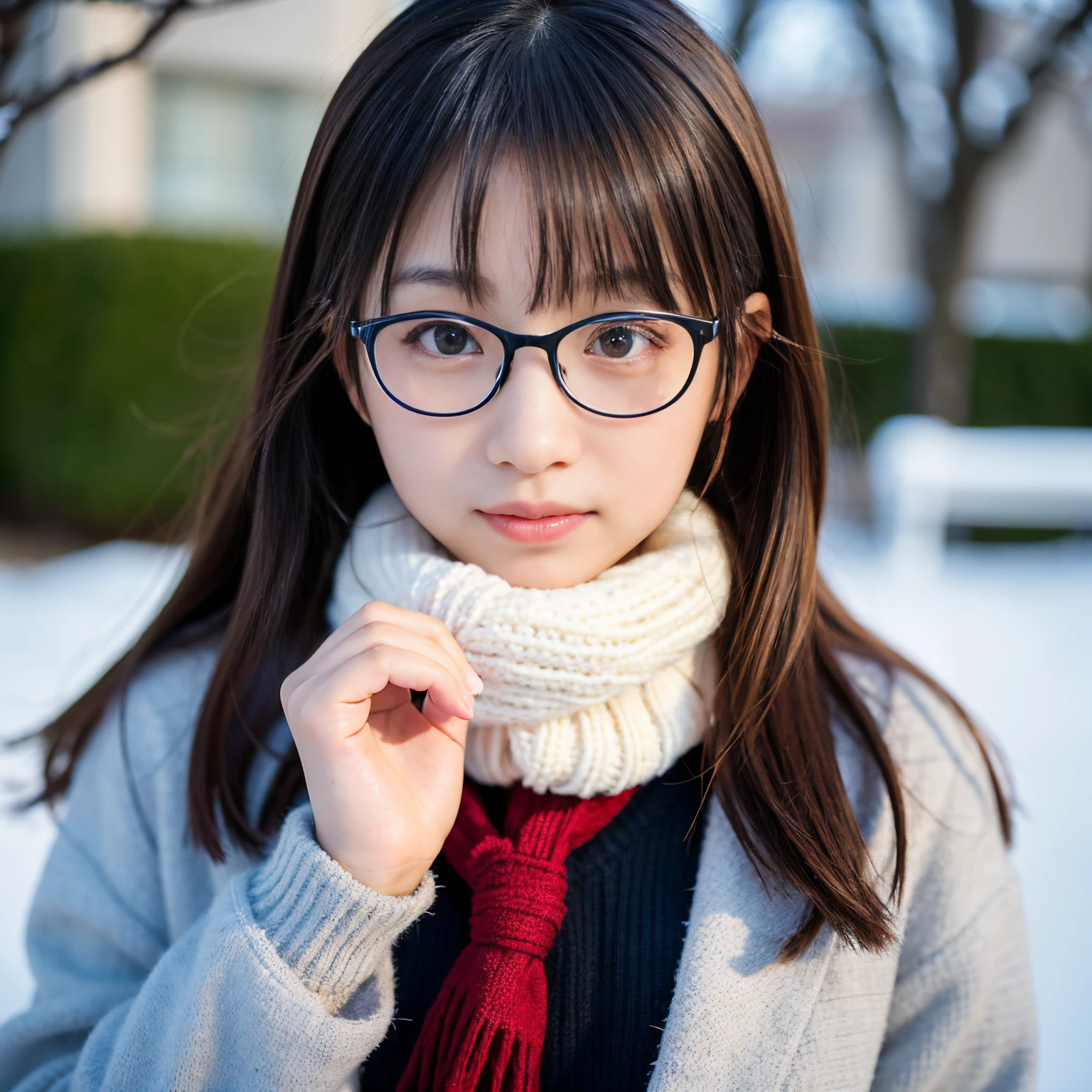 Best-quality, Masterpiece, Ultra-High-Resolution, (Photorealistic:1.4), Raw-Photo, Extremely-Details, Perfect-Anatomy,
in winter schoolyard,
1girl, 15-years-old, the most popular Japanese idol, (wearing Japanese high-school winter uniform, muffler with cute design, glasses with cute design), face focus, portrait, innocent smile, extremely cute face like a most famous Japanese idol, extremely beautiful big black solid eyes, extremely beautiful black short-cut-haired, extremely beautiful realistic white skins, extremely beautiful wet lips,
detailed Japanese high-school winter uniform, detailed muffler with cute design, detailed glasses with cute design