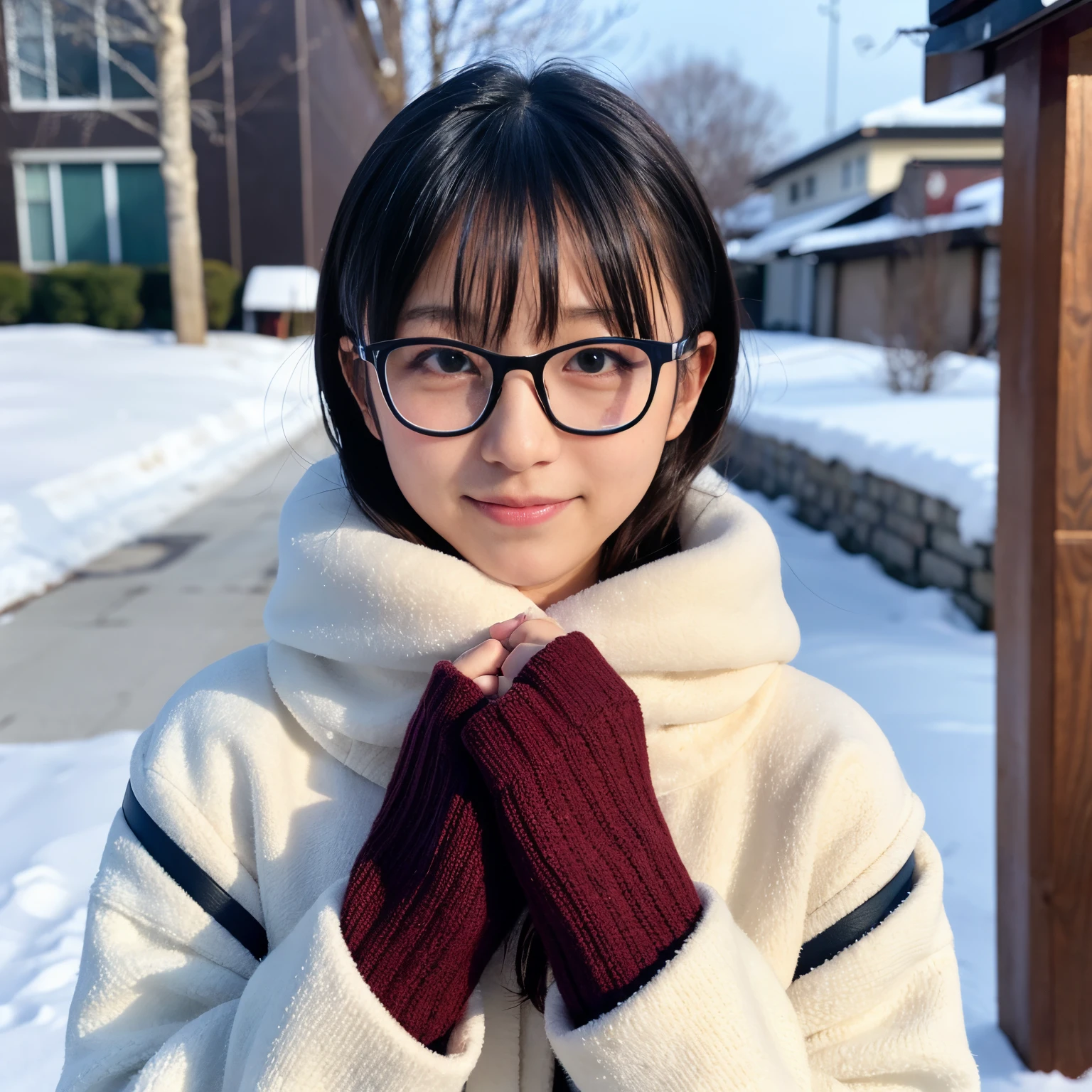 Best-quality, Masterpiece, Ultra-High-Resolution, (Photorealistic:1.4), Raw-Photo, Extremely-Details, Perfect-Anatomy,
in winter schoolyard,
1girl, 15-years-old, the most popular Japanese idol, (wearing Japanese high-school winter uniform, muffler with cute design, glasses with cute design), face focus, portrait, innocent smile, extremely cute face like a most famous Japanese idol, extremely beautiful big black solid eyes, extremely beautiful black short-cut-haired, extremely beautiful realistic white skins, extremely beautiful wet lips,
detailed Japanese high-school winter uniform, detailed muffler with cute design, detailed glasses with cute design